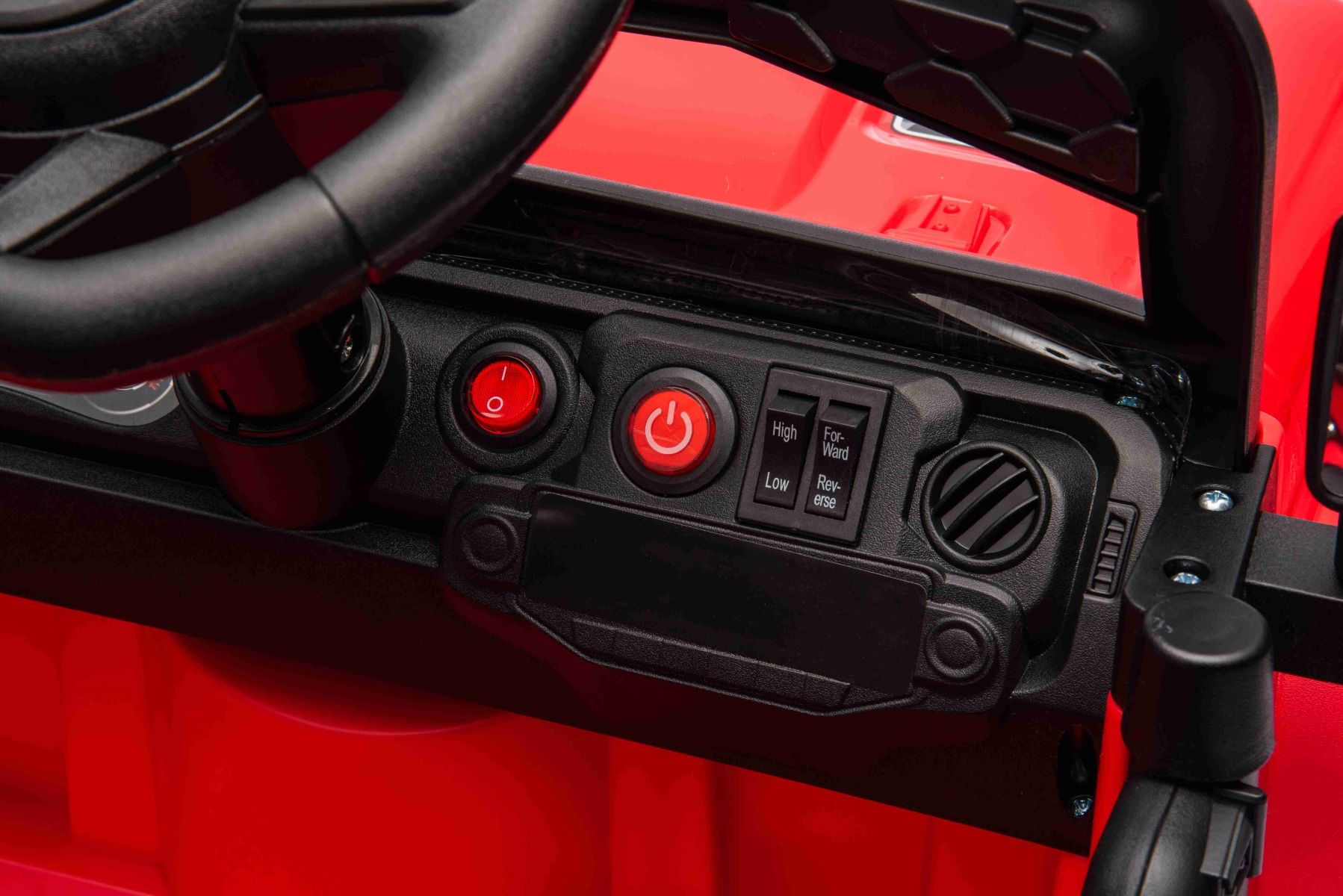 Elektroauto für Kinder OFFROAD NEW mit Hinterradantrieb, rot, Lithium-Batterie, hohes Fahrgestell, breiter Sitz, Hinterradfederung, 2,4-GHz-Fernbedienung, LED-Leuchten