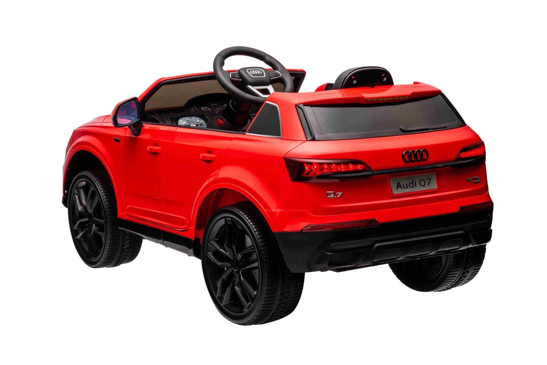 Elektro-Rutschauto Audi Q7 rot, Einsitzer, Einzelradaufhängung, 12-V-Batterie, Fernbedienung, 2 x 35-W-Motor, LED-Leuchten, MP3-Player mit USB/AUX-Eingang, lizenziert