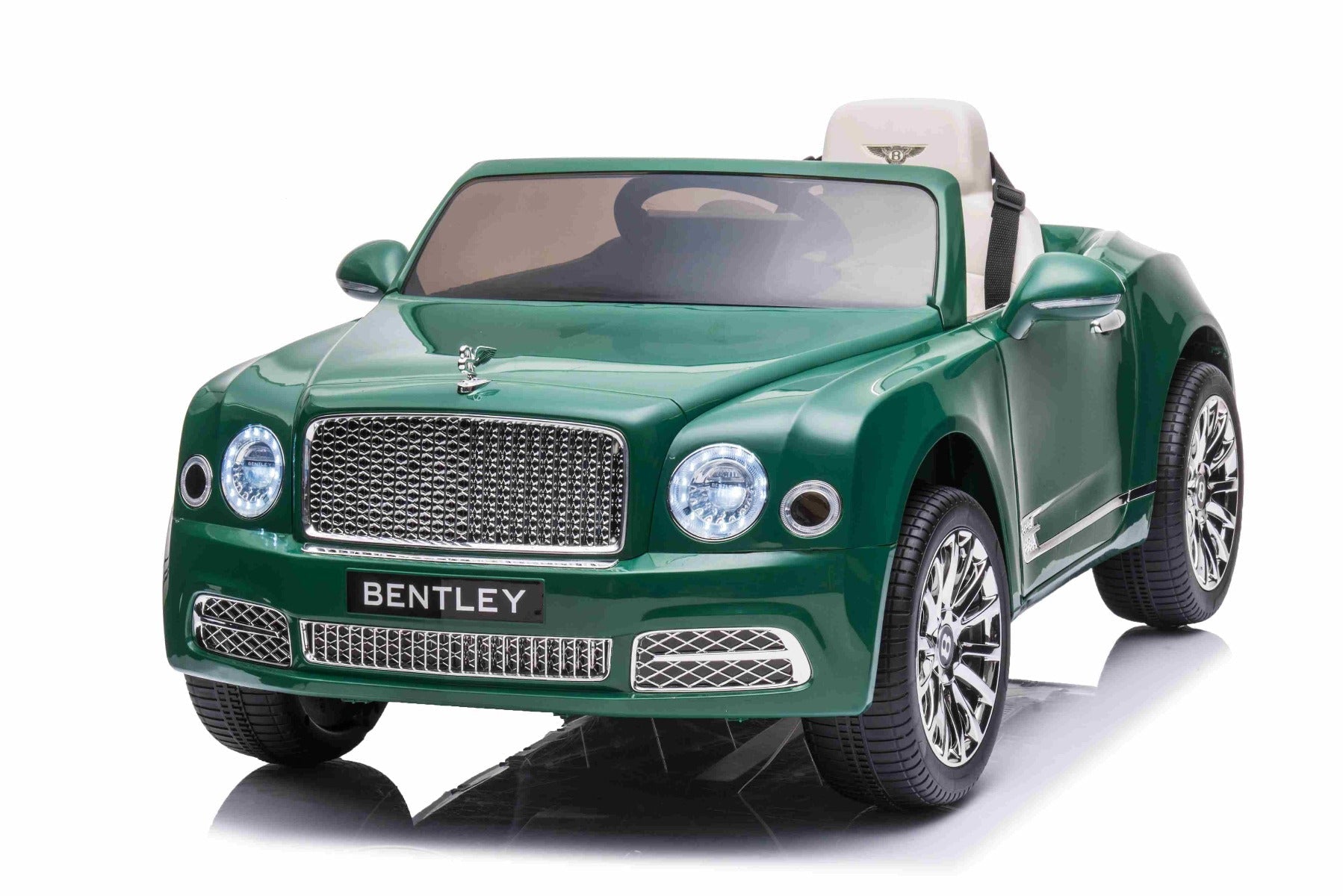 Kinder-Elektroauto Bentley Mulsanne, 12V, grün, Kunstledersitz, 2,4 GHz Fernbedienung, Eva-Räder, USB/Aux-Eingang, Bluetooth, Allradfederung, 12V/7Ah Batterie, LED-Leuchten, weiche EVA-Räder, 2 X 35W Motor, ORIGINAL-Lizenz