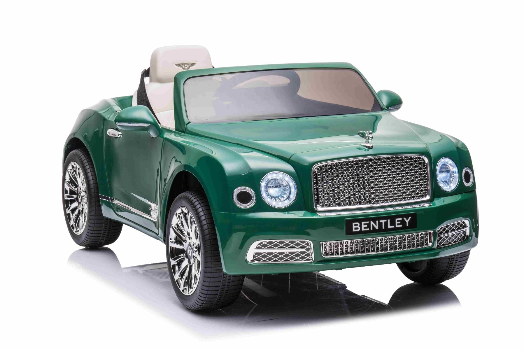Kinder-Elektroauto Bentley Mulsanne, 12V, grün, Kunstledersitz, 2,4 GHz Fernbedienung, Eva-Räder, USB/Aux-Eingang, Bluetooth, Allradfederung, 12V/7Ah Batterie, LED-Leuchten, weiche EVA-Räder, 2 X 35W Motor, ORIGINAL-Lizenz