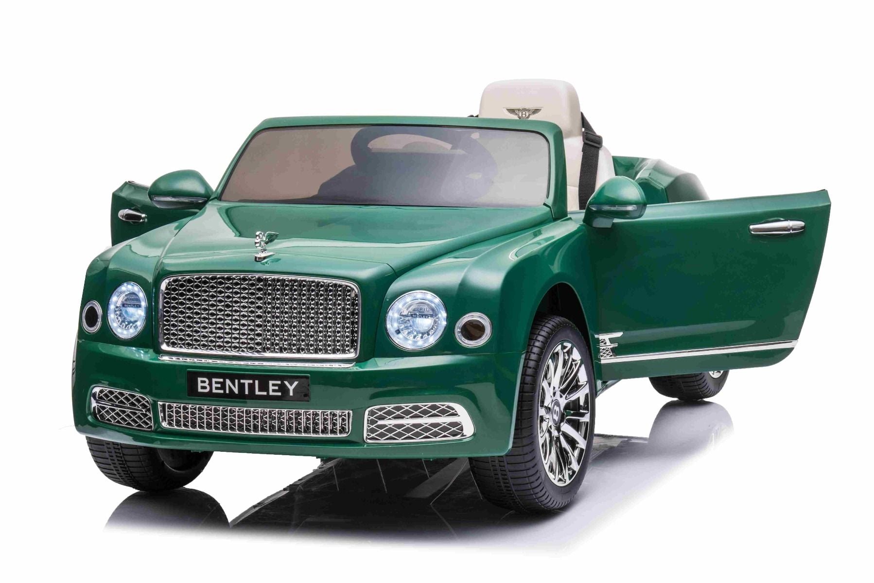Kinder-Elektroauto Bentley Mulsanne, 12V, grün, Kunstledersitz, 2,4 GHz Fernbedienung, Eva-Räder, USB/Aux-Eingang, Bluetooth, Allradfederung, 12V/7Ah Batterie, LED-Leuchten, weiche EVA-Räder, 2 X 35W Motor, ORIGINAL-Lizenz