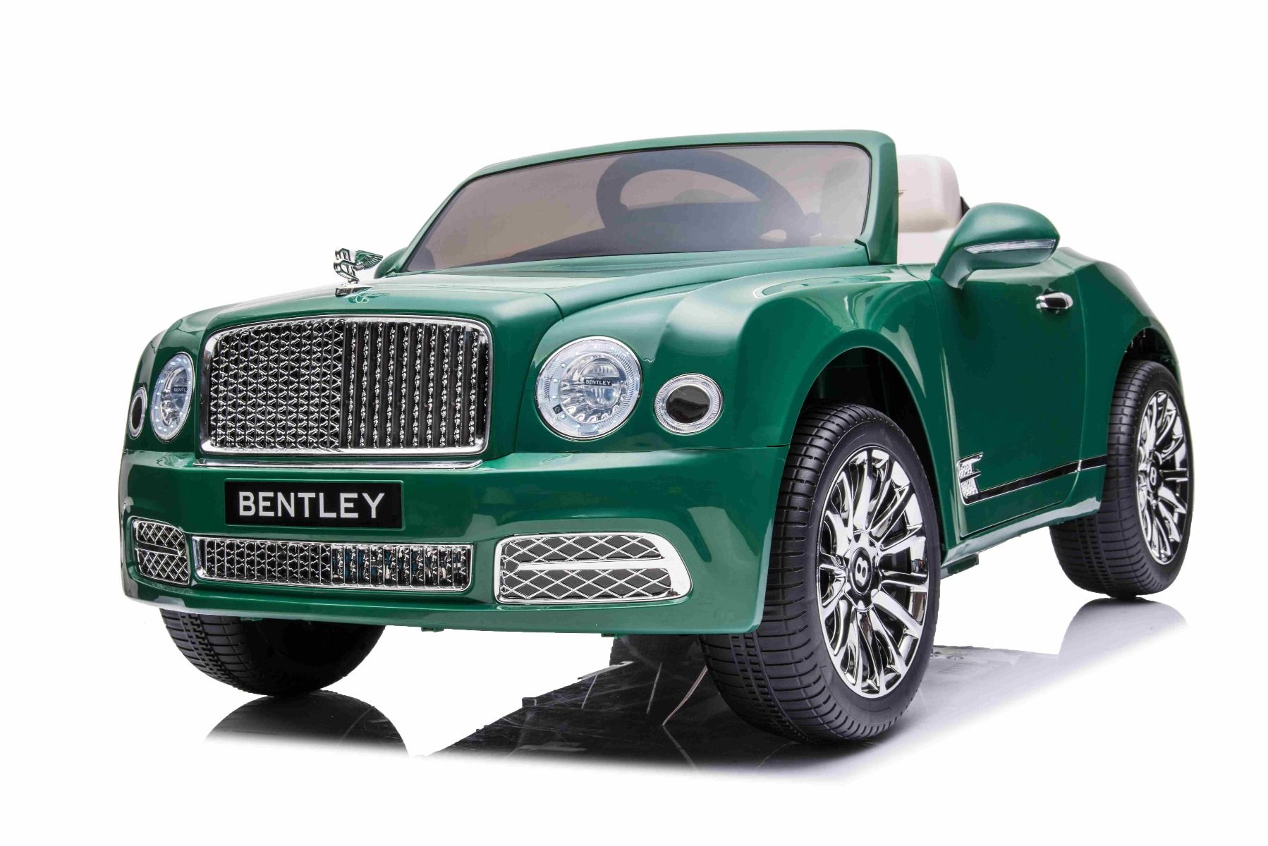 Kinder-Elektroauto Bentley Mulsanne, 12V, grün, Kunstledersitz, 2,4 GHz Fernbedienung, Eva-Räder, USB/Aux-Eingang, Bluetooth, Allradfederung, 12V/7Ah Batterie, LED-Leuchten, weiche EVA-Räder, 2 X 35W Motor, ORIGINAL-Lizenz