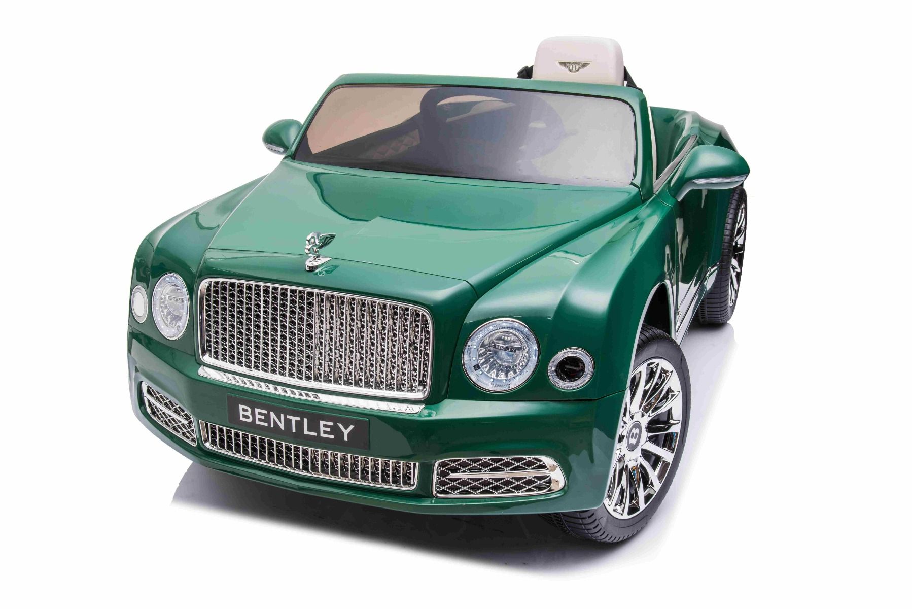 Kinder-Elektroauto Bentley Mulsanne, 12V, grün, Kunstledersitz, 2,4 GHz Fernbedienung, Eva-Räder, USB/Aux-Eingang, Bluetooth, Allradfederung, 12V/7Ah Batterie, LED-Leuchten, weiche EVA-Räder, 2 X 35W Motor, ORIGINAL-Lizenz