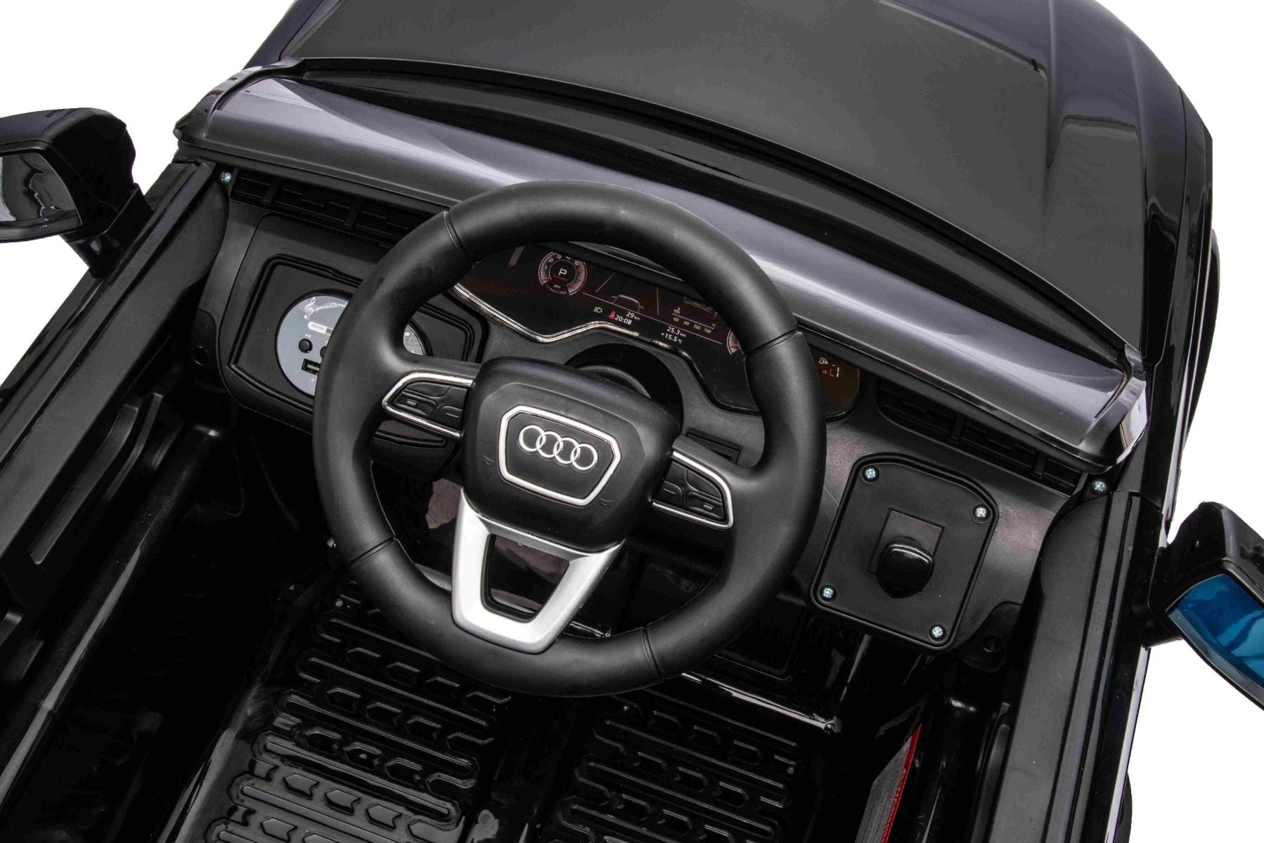 Elektro-Rutschauto Audi Q7 schwarz, Einsitzer, Einzelradaufhängung, 12-V-Batterie, Fernbedienung, 2 x 35-W-Motor, LED-Leuchten, MP3-Player mit USB/AUX-Eingang, lizenziert