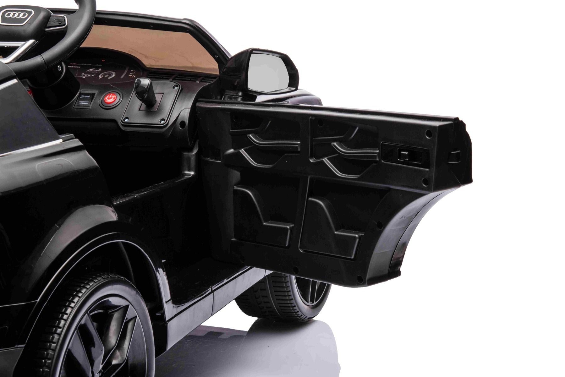 Elektro-Rutschauto Audi Q7 schwarz, Einsitzer, Einzelradaufhängung, 12-V-Batterie, Fernbedienung, 2 x 35-W-Motor, LED-Leuchten, MP3-Player mit USB/AUX-Eingang, lizenziert