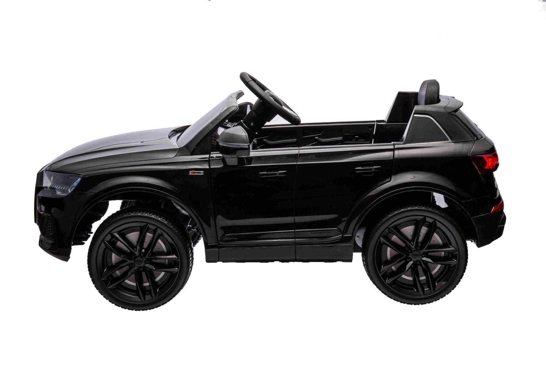 Elektro-Rutschauto Audi Q7 schwarz, Einsitzer, Einzelradaufhängung, 12-V-Batterie, Fernbedienung, 2 x 35-W-Motor, LED-Leuchten, MP3-Player mit USB/AUX-Eingang, lizenziert