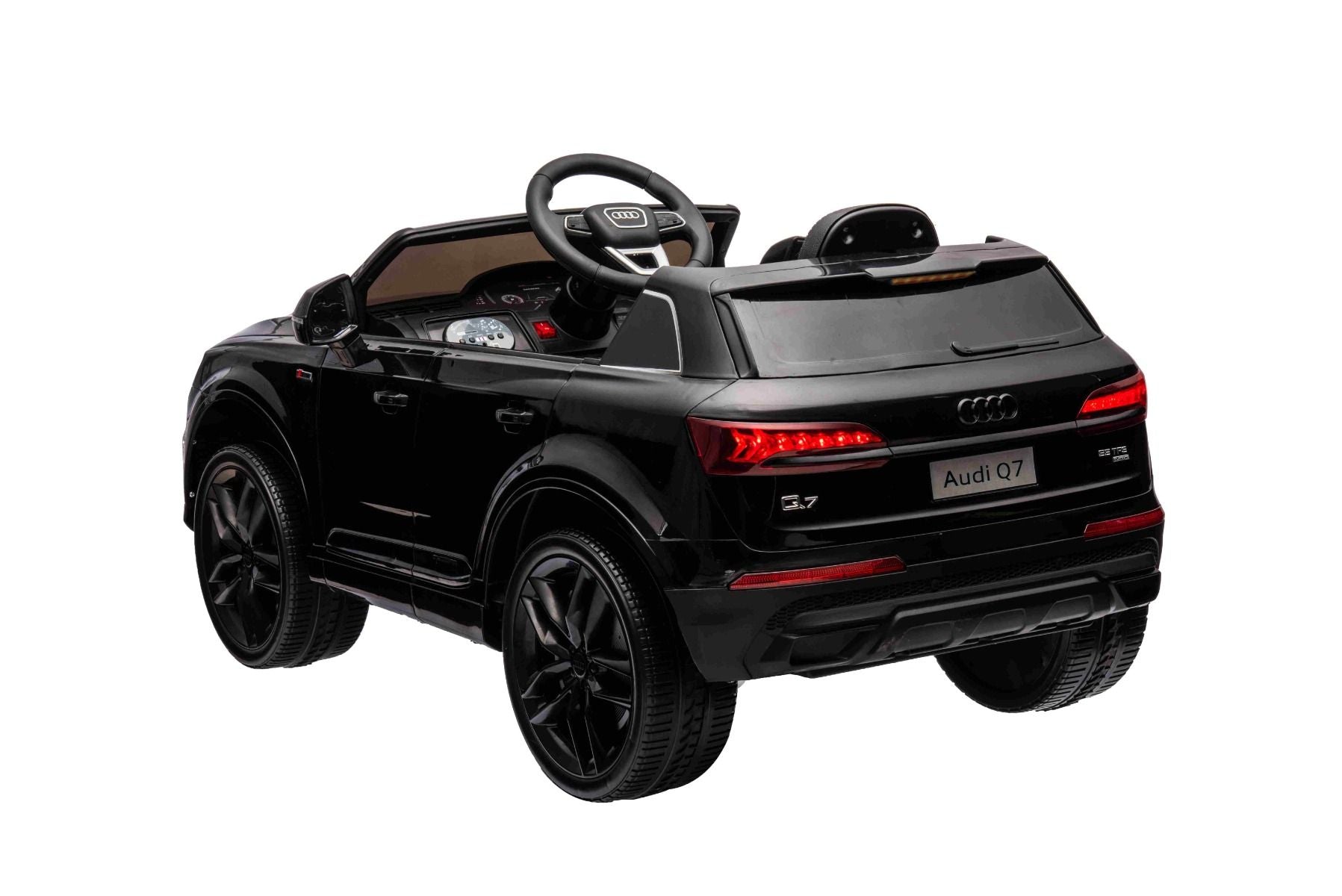 Elektro-Rutschauto Audi Q7 schwarz, Einsitzer, Einzelradaufhängung, 12-V-Batterie, Fernbedienung, 2 x 35-W-Motor, LED-Leuchten, MP3-Player mit USB/AUX-Eingang, lizenziert