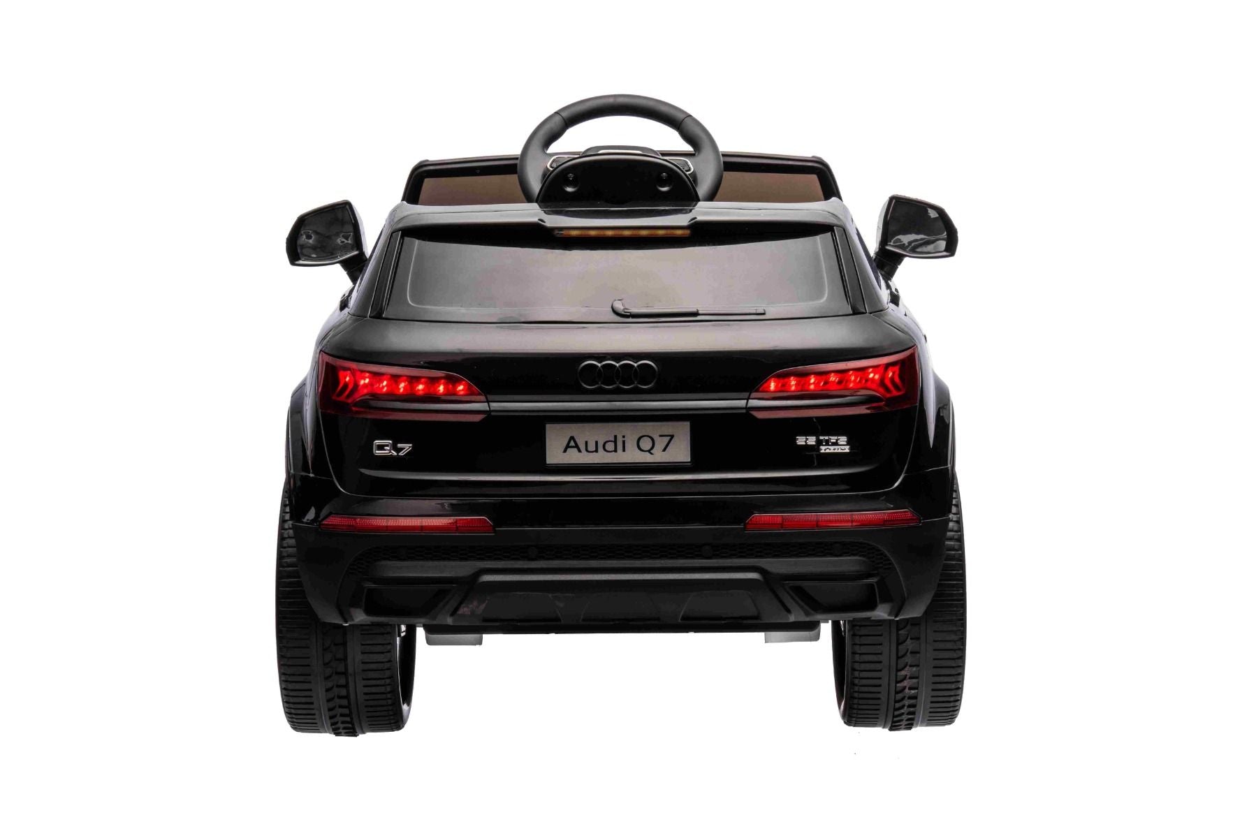 Elektro-Rutschauto Audi Q7 schwarz, Einsitzer, Einzelradaufhängung, 12-V-Batterie, Fernbedienung, 2 x 35-W-Motor, LED-Leuchten, MP3-Player mit USB/AUX-Eingang, lizenziert