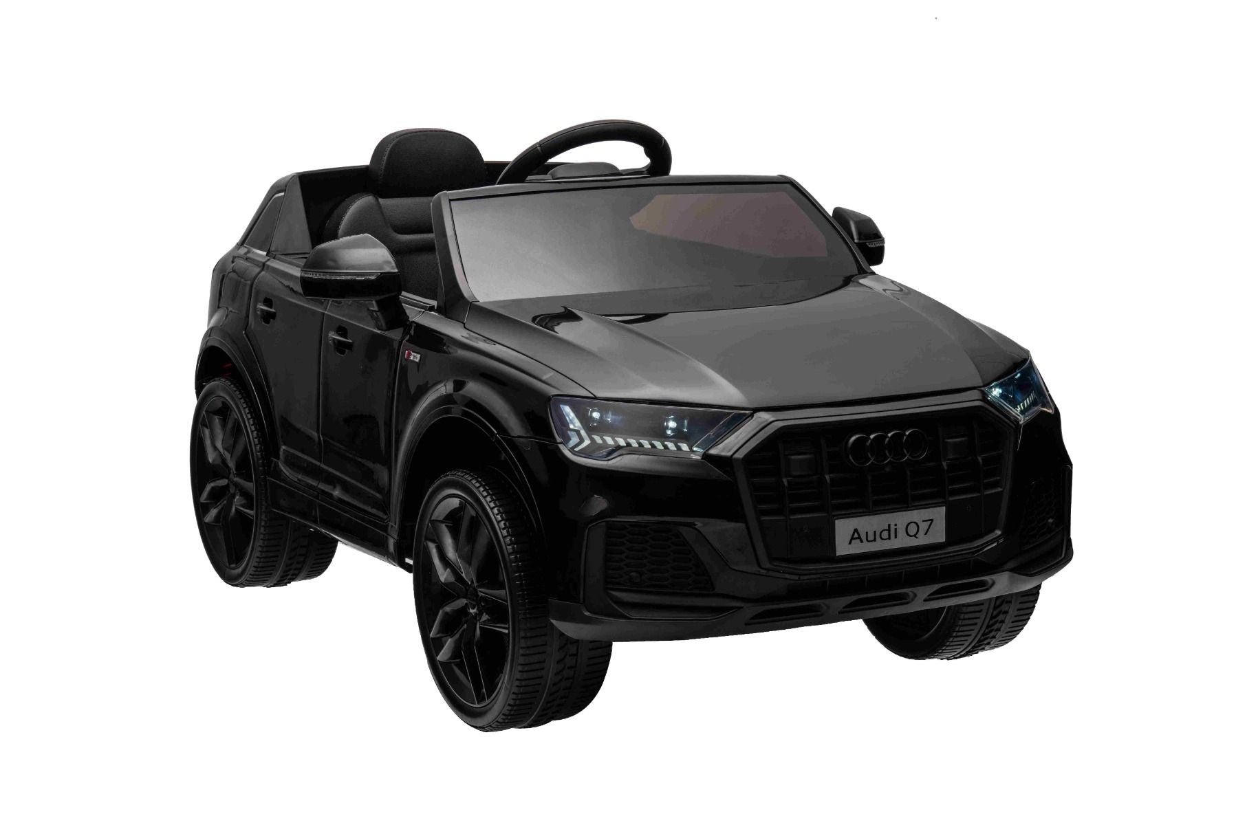 Elektro-Rutschauto Audi Q7 schwarz, Einsitzer, Einzelradaufhängung, 12-V-Batterie, Fernbedienung, 2 x 35-W-Motor, LED-Leuchten, MP3-Player mit USB/AUX-Eingang, lizenziert