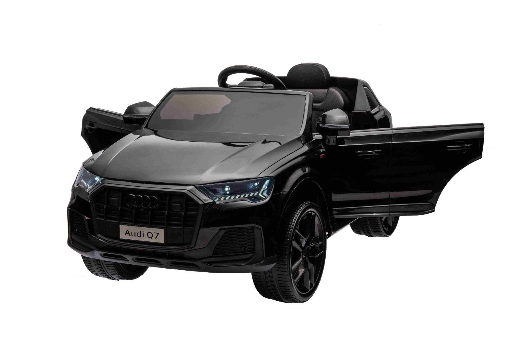 Elektro-Rutschauto Audi Q7 schwarz, Einsitzer, Einzelradaufhängung, 12-V-Batterie, Fernbedienung, 2 x 35-W-Motor, LED-Leuchten, MP3-Player mit USB/AUX-Eingang, lizenziert