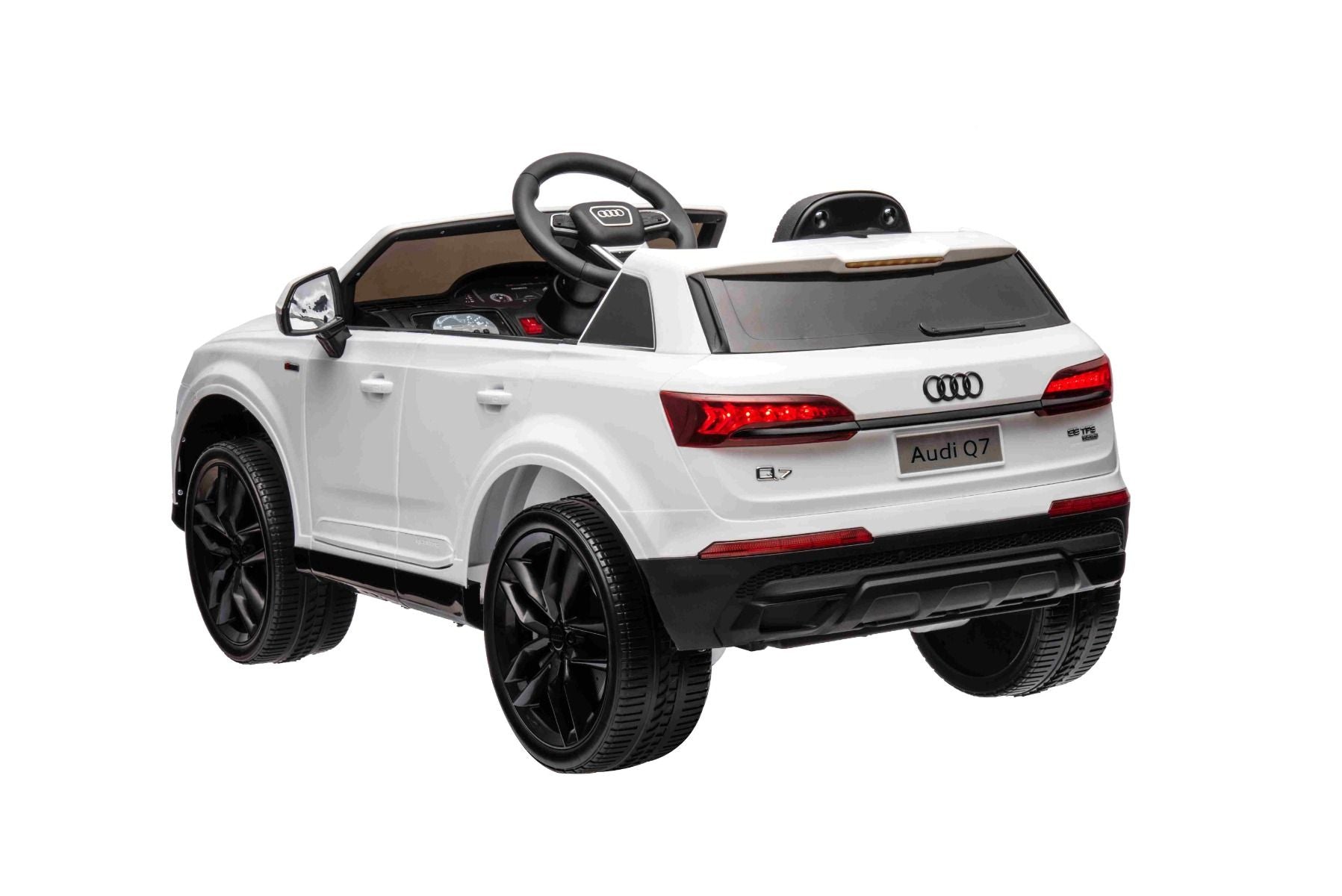 Elektro-Rutschauto Audi Q7 Weiß, Einsitzer, Einzelradaufhängung, 12-V-Batterie, Fernbedienung, 2 x 35-W-Motor, LED-Leuchten, MP3-Player mit USB/AUX-Eingang, lizenziert