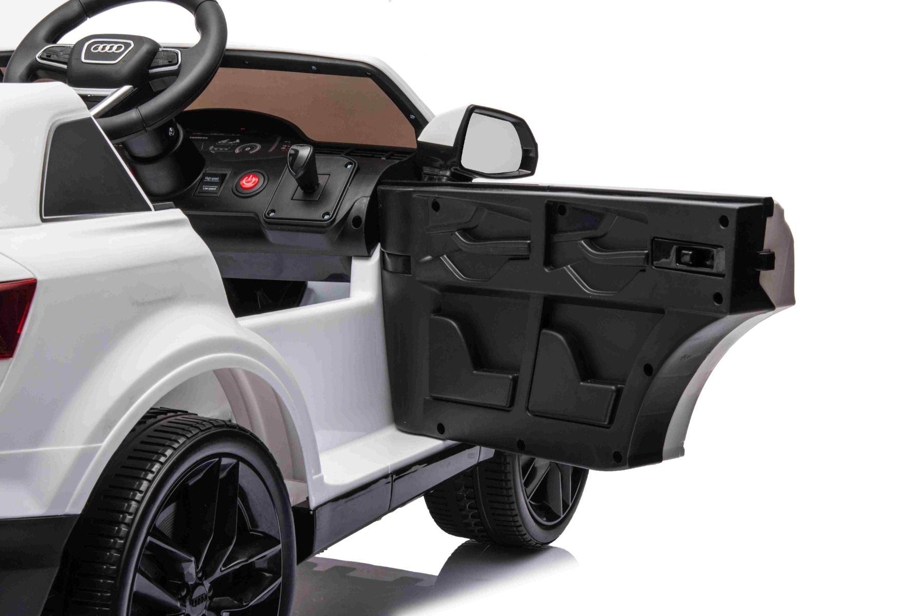 Elektro-Rutschauto Audi Q7 Weiß, Einsitzer, Einzelradaufhängung, 12-V-Batterie, Fernbedienung, 2 x 35-W-Motor, LED-Leuchten, MP3-Player mit USB/AUX-Eingang, lizenziert