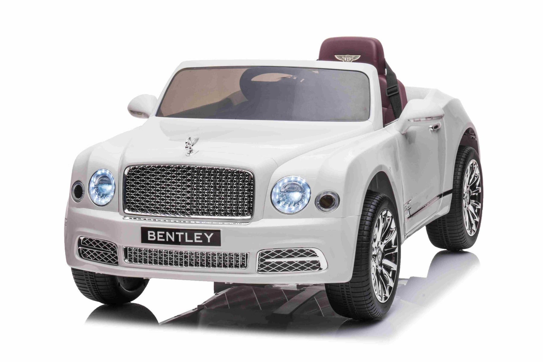 Kinder-Elektroauto Bentley Mulsanne, 12V, weiß, Kunstledersitz, 2,4 GHz Fernbedienung, Eva-Räder, USB/Aux-Eingang, Bluetooth, Allradfederung, 12V/7Ah Batterie, LED-Leuchten, weiche EVA-Räder, 2 X 35W Motor, ORIGINAL-Lizenz