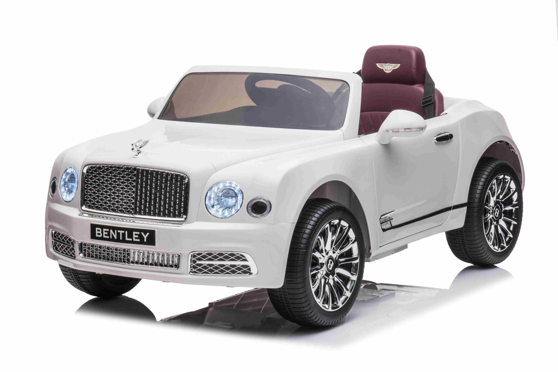 Kinder-Elektroauto Bentley Mulsanne, 12V, weiß, Kunstledersitz, 2,4 GHz Fernbedienung, Eva-Räder, USB/Aux-Eingang, Bluetooth, Allradfederung, 12V/7Ah Batterie, LED-Leuchten, weiche EVA-Räder, 2 X 35W Motor, ORIGINAL-Lizenz