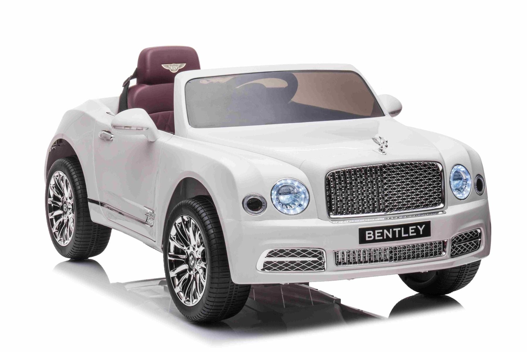 Kinder-Elektroauto Bentley Mulsanne, 12V, weiß, Kunstledersitz, 2,4 GHz Fernbedienung, Eva-Räder, USB/Aux-Eingang, Bluetooth, Allradfederung, 12V/7Ah Batterie, LED-Leuchten, weiche EVA-Räder, 2 X 35W Motor, ORIGINAL-Lizenz