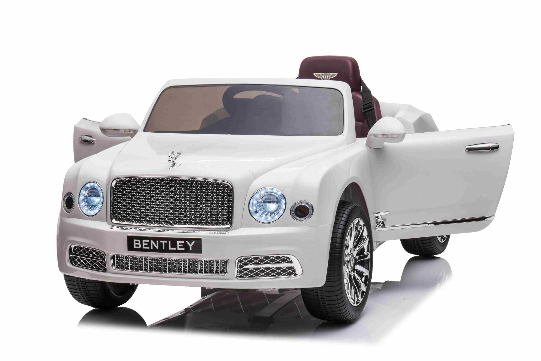 Kinder-Elektroauto Bentley Mulsanne, 12V, weiß, Kunstledersitz, 2,4 GHz Fernbedienung, Eva-Räder, USB/Aux-Eingang, Bluetooth, Allradfederung, 12V/7Ah Batterie, LED-Leuchten, weiche EVA-Räder, 2 X 35W Motor, ORIGINAL-Lizenz