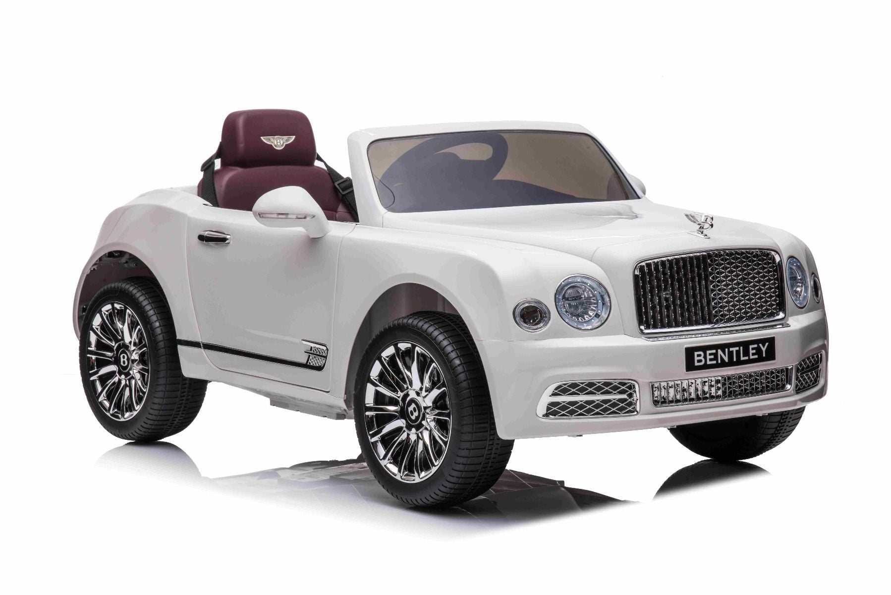 Kinder-Elektroauto Bentley Mulsanne, 12V, weiß, Kunstledersitz, 2,4 GHz Fernbedienung, Eva-Räder, USB/Aux-Eingang, Bluetooth, Allradfederung, 12V/7Ah Batterie, LED-Leuchten, weiche EVA-Räder, 2 X 35W Motor, ORIGINAL-Lizenz