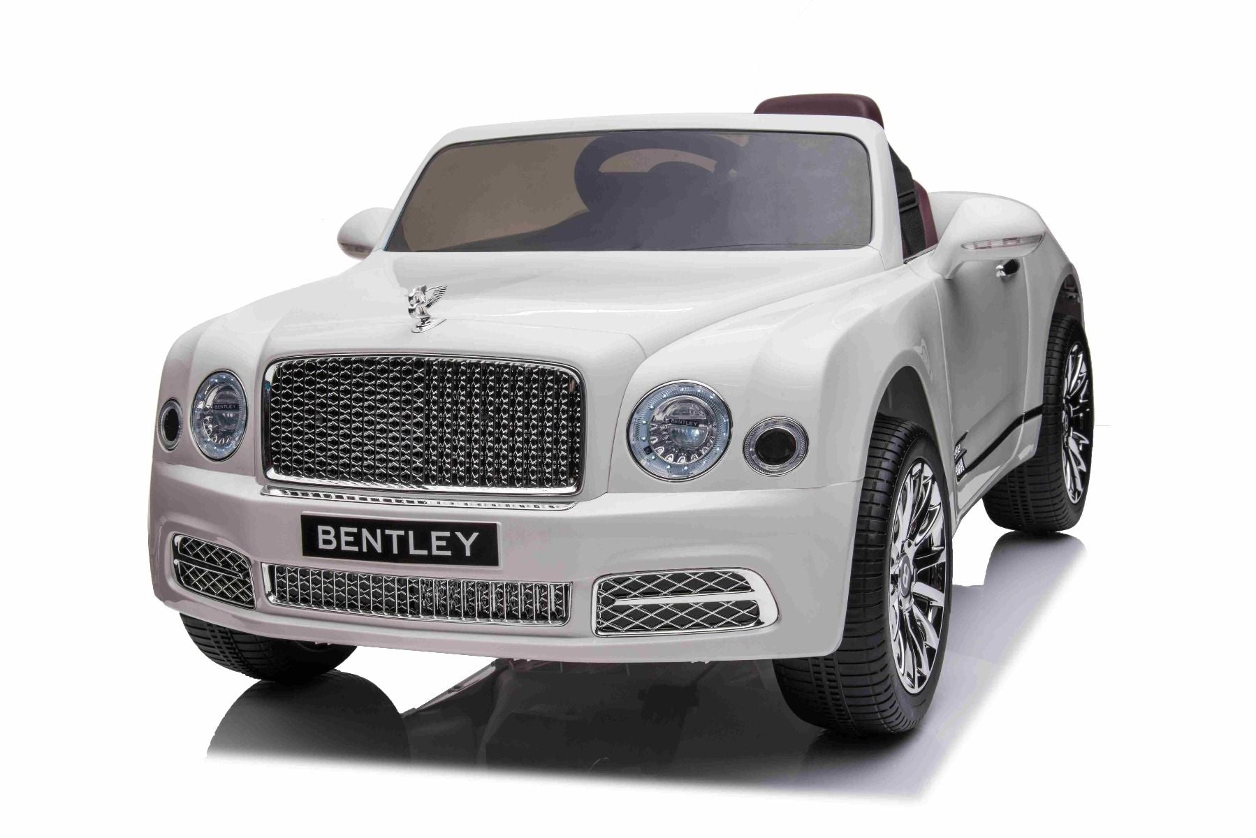 Kinder-Elektroauto Bentley Mulsanne, 12V, weiß, Kunstledersitz, 2,4 GHz Fernbedienung, Eva-Räder, USB/Aux-Eingang, Bluetooth, Allradfederung, 12V/7Ah Batterie, LED-Leuchten, weiche EVA-Räder, 2 X 35W Motor, ORIGINAL-Lizenz