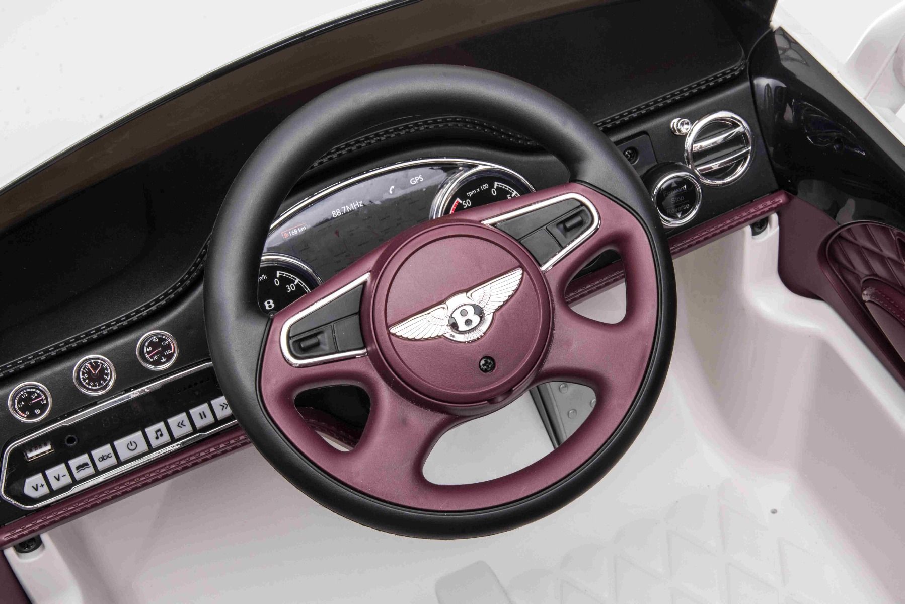 Kinder-Elektroauto Bentley Mulsanne, 12V, weiß, Kunstledersitz, 2,4 GHz Fernbedienung, Eva-Räder, USB/Aux-Eingang, Bluetooth, Allradfederung, 12V/7Ah Batterie, LED-Leuchten, weiche EVA-Räder, 2 X 35W Motor, ORIGINAL-Lizenz