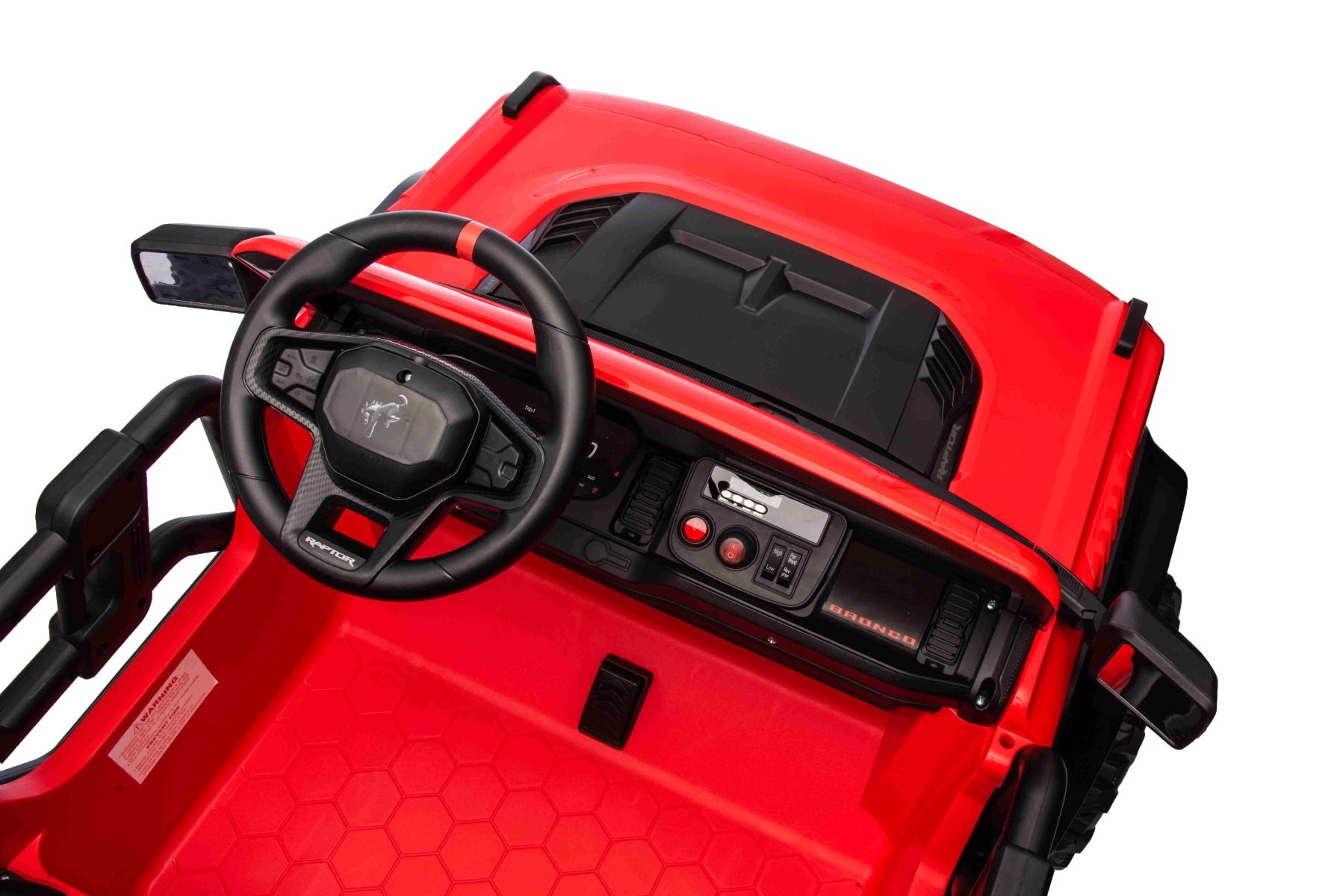 Ford Bronco XL Elektro-Kinderauto mit Hinterradantrieb, lizenziert (Zweisitzer), Rot, Lithiumbatterie, hohe Federung, zwei Sitze, gefederte Hinterachse, 2,4-GHz-Fernbedienung, MP3-Player mit USB-Eingang, LED-Leuchten