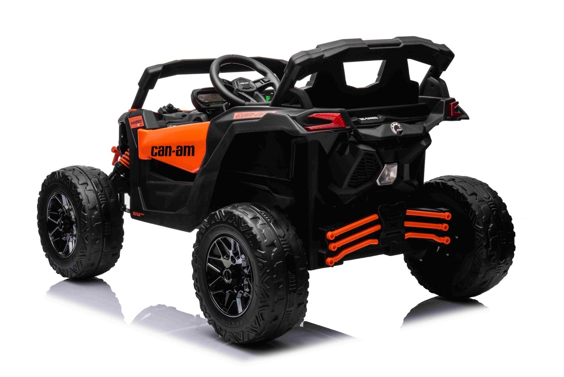 Elektro-Rutschauto Can-am Maverick Einsitzer mit 4x4-Antrieb, Orange, Einzelradaufhängung, 2,4-GHz-Fernbedienung, 4 x 35-W-Motoren, EVA-Räder, Ledersitz, MP3-Player mit USB/AUX-Eingang, lizenziert