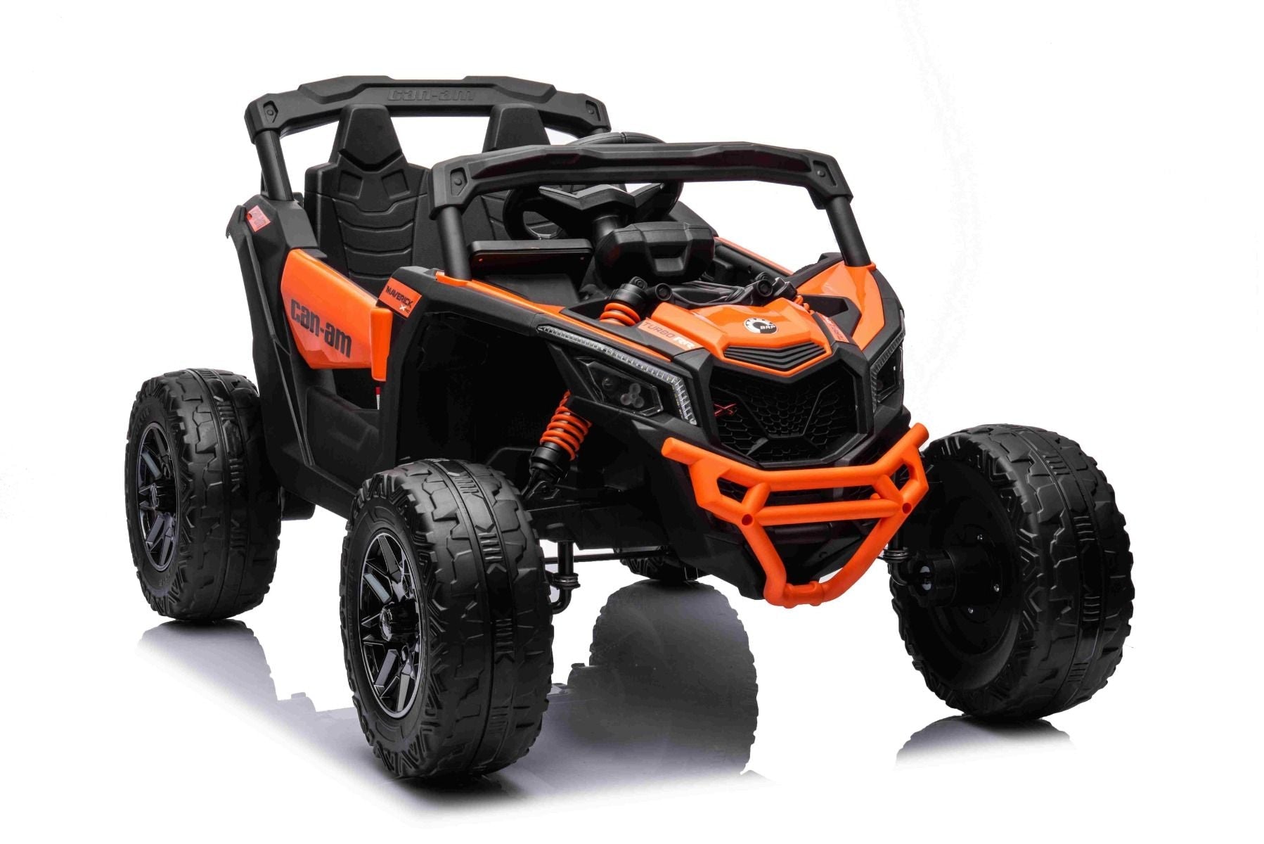 Elektro-Rutschauto Can-am Maverick Einsitzer mit 4x4-Antrieb, Orange, Einzelradaufhängung, 2,4-GHz-Fernbedienung, 4 x 35-W-Motoren, EVA-Räder, Ledersitz, MP3-Player mit USB/AUX-Eingang, lizenziert