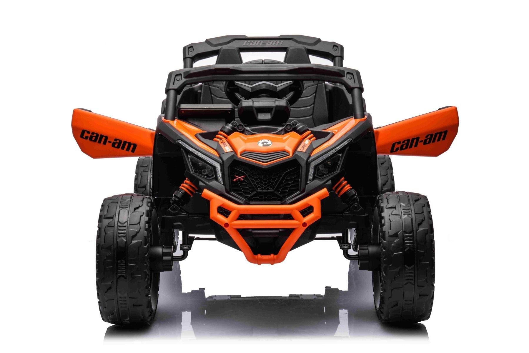 Elektro-Rutschauto Can-am Maverick Einsitzer mit 4x4-Antrieb, Orange, Einzelradaufhängung, 2,4-GHz-Fernbedienung, 4 x 35-W-Motoren, EVA-Räder, Ledersitz, MP3-Player mit USB/AUX-Eingang, lizenziert