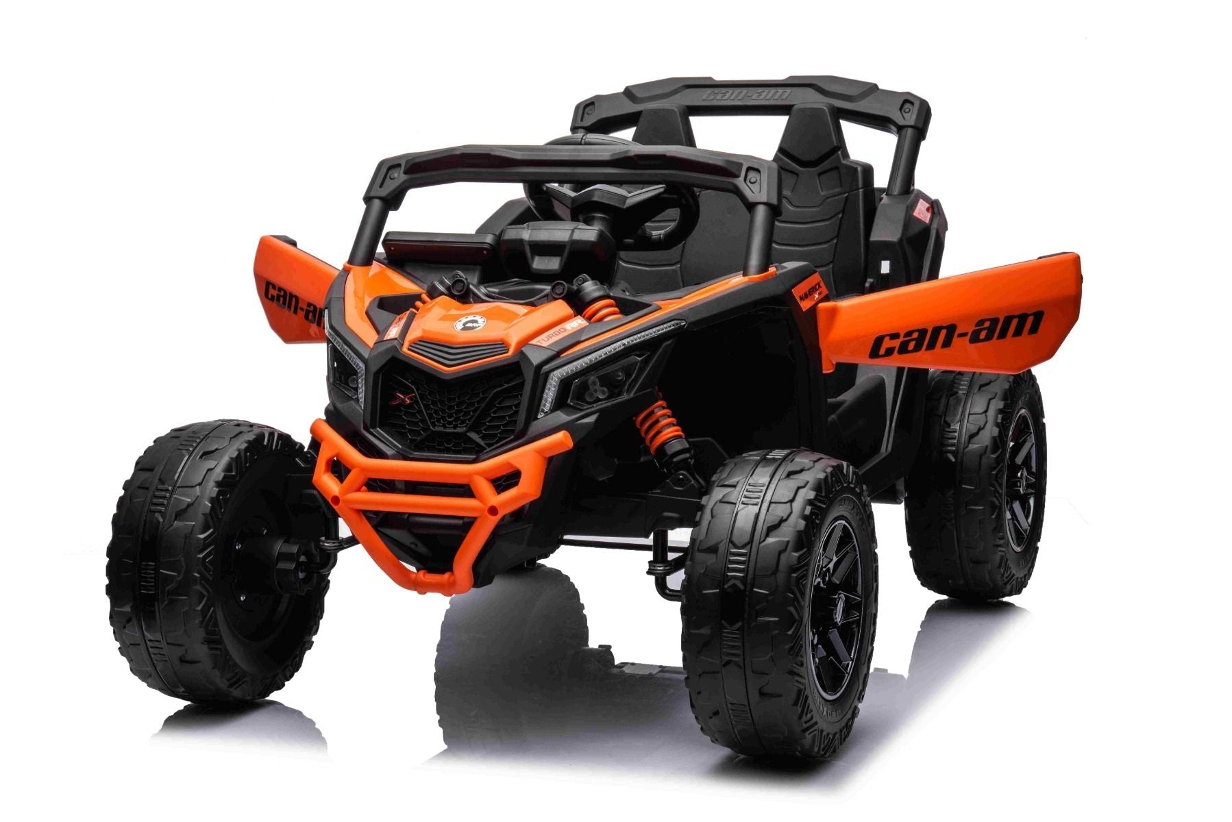 Elektro-Rutschauto Can-am Maverick Einsitzer mit 4x4-Antrieb, Orange, Einzelradaufhängung, 2,4-GHz-Fernbedienung, 4 x 35-W-Motoren, EVA-Räder, Ledersitz, MP3-Player mit USB/AUX-Eingang, lizenziert