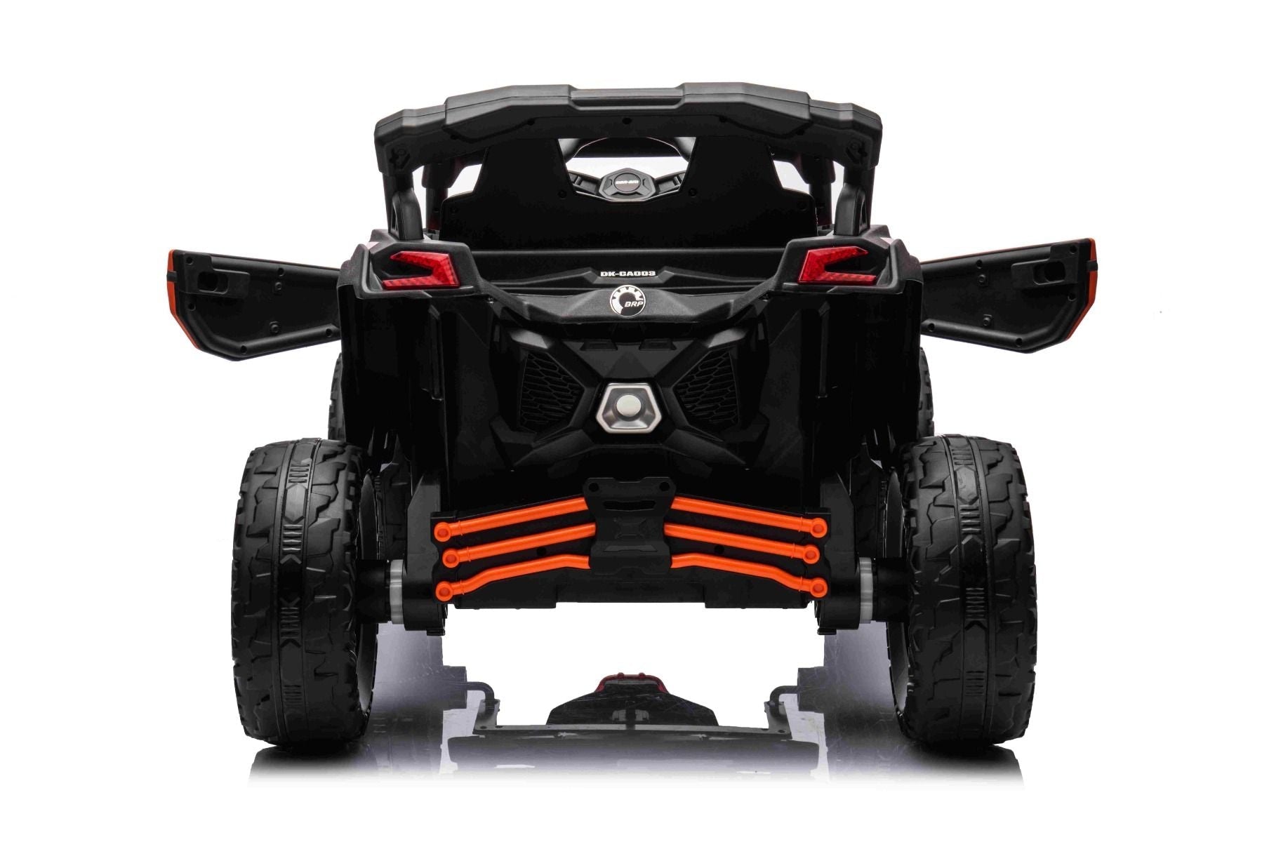 Elektro-Rutschauto Can-am Maverick Einsitzer mit 4x4-Antrieb, Orange, Einzelradaufhängung, 2,4-GHz-Fernbedienung, 4 x 35-W-Motoren, EVA-Räder, Ledersitz, MP3-Player mit USB/AUX-Eingang, lizenziert