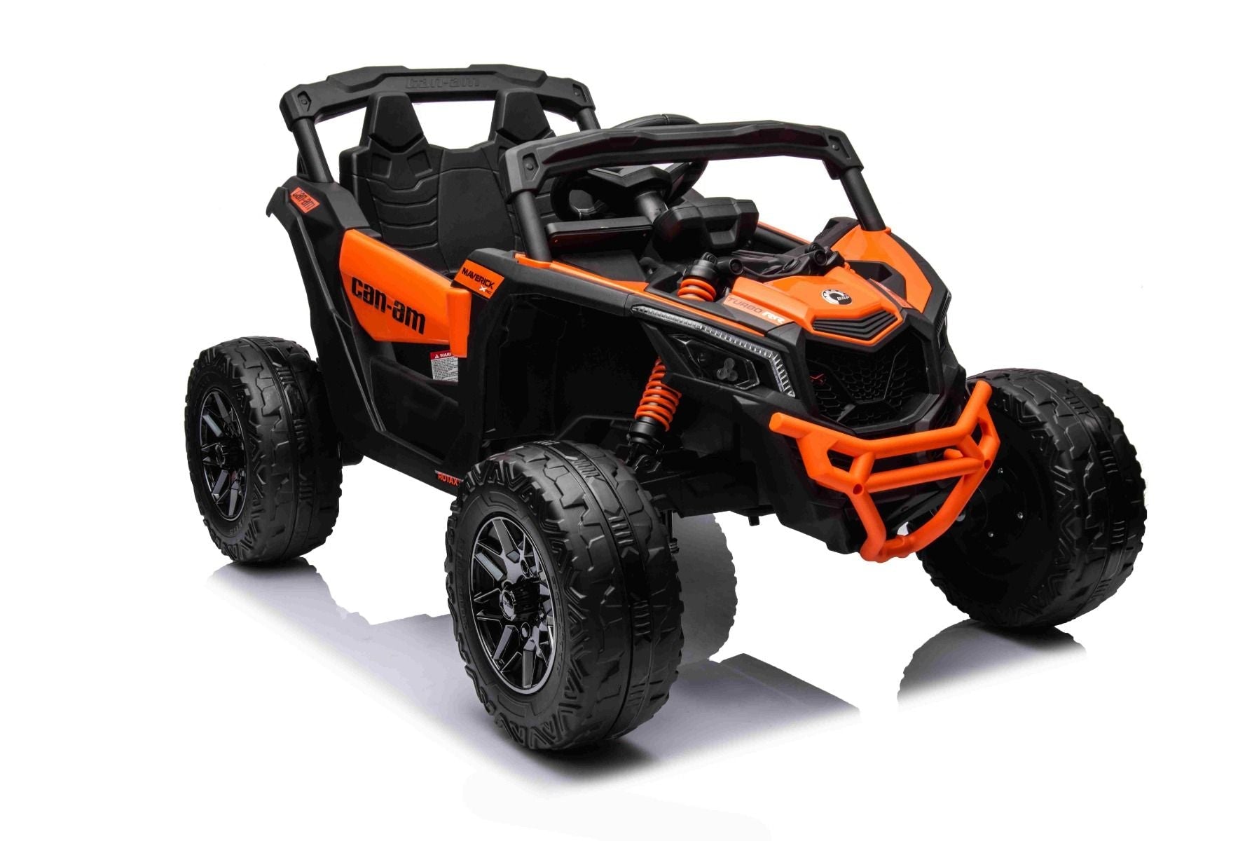 Elektro-Rutschauto Can-am Maverick Einsitzer mit 4x4-Antrieb, Orange, Einzelradaufhängung, 2,4-GHz-Fernbedienung, 4 x 35-W-Motoren, EVA-Räder, Ledersitz, MP3-Player mit USB/AUX-Eingang, lizenziert