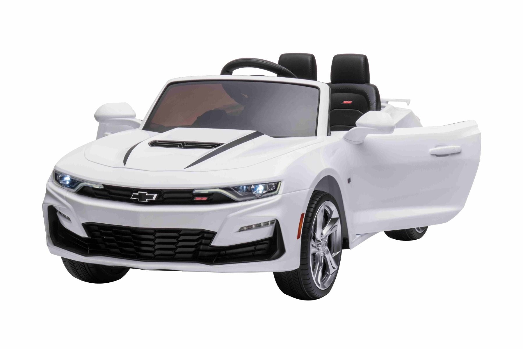 Kinder-Elektroauto Chevrolet Camaro, weiß, Originallizenz, 12V Batterie, öffnende Türen, Sitzfläche aus Kunstleder, 2x 35W Motor, LED-Leuchten, 2,4-GHz Fernbedienung, Weiche EVA-Räder, Sanftanlauf
