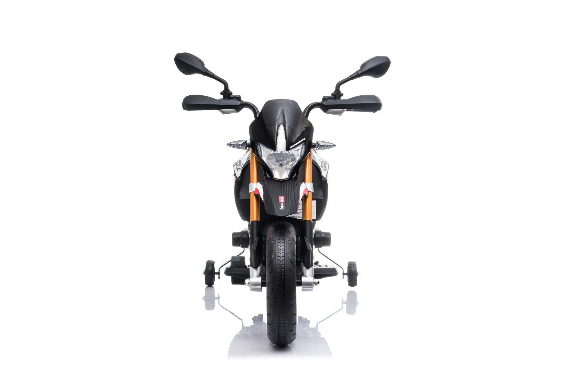 Elektromotorrad APRILIA DORSODURO 900, lizenziert, 12-V-Batterie, EVA-Weichräder, 2 x 18-W-Motoren, Federung, Metallrahmen, Metallgabel, Zusatzräder, Schwarz
