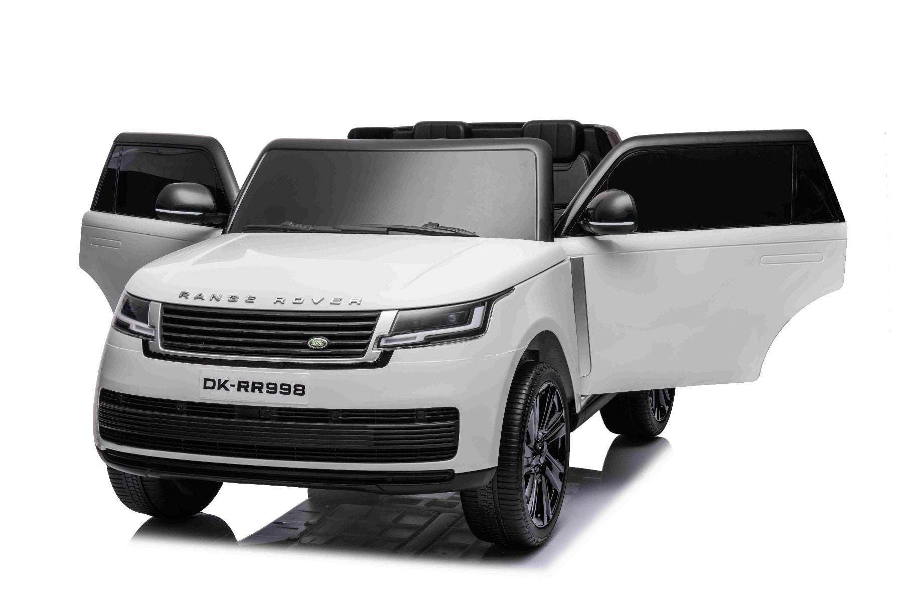 Elektro-Rutschauto Range Rover Modell 2023, Zweisitzer, Weiß, Kunstledersitze, Radio mit USB-Eingang, Heckantrieb mit Federung, 12V7AH-Batterie, EVA-Räder, Schlüsselstarter, 2,4-GHz-Fernbedienung, lizenziert