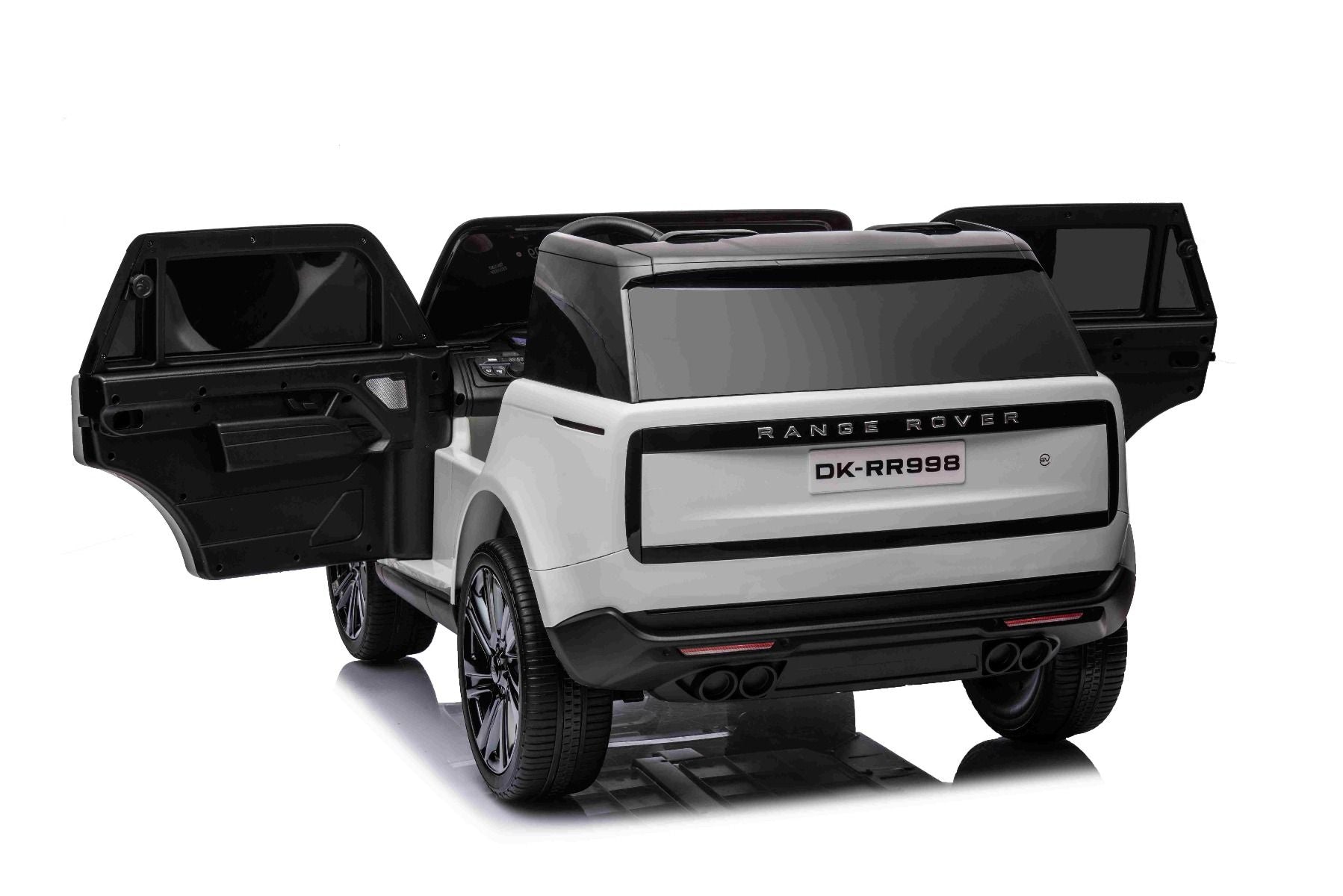 Elektro-Rutschauto Range Rover Modell 2023, Zweisitzer, Weiß, Kunstledersitze, Radio mit USB-Eingang, Heckantrieb mit Federung, 12V7AH-Batterie, EVA-Räder, Schlüsselstarter, 2,4-GHz-Fernbedienung, lizenziert