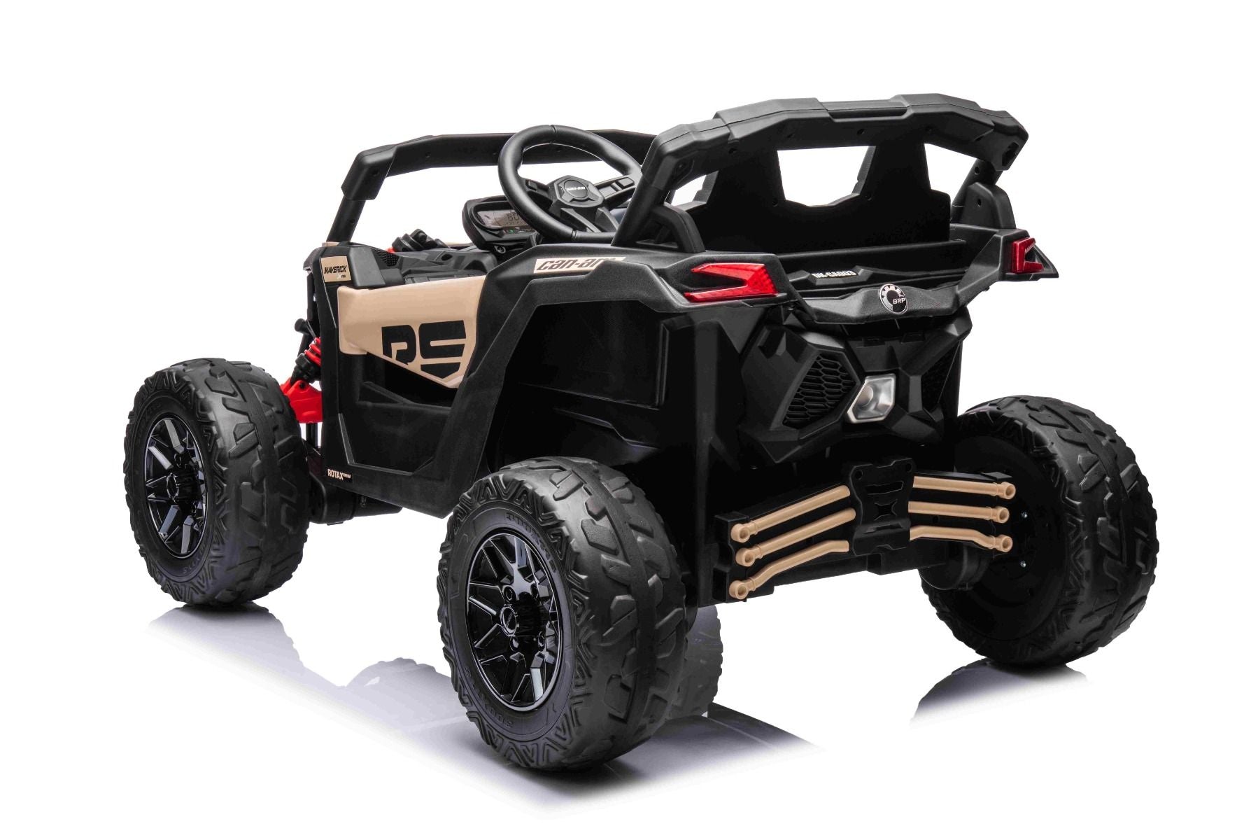 Elektro-Rutschauto Can-am Maverick Einsitzer mit 4x4-Antrieb, Schwarz, Einzelradaufhängung, 2,4-GHz-Fernbedienung, 4 x 35-W-Motoren, EVA-Räder, Ledersitz, MP3-Player mit USB/AUX-Eingang, lizenziert