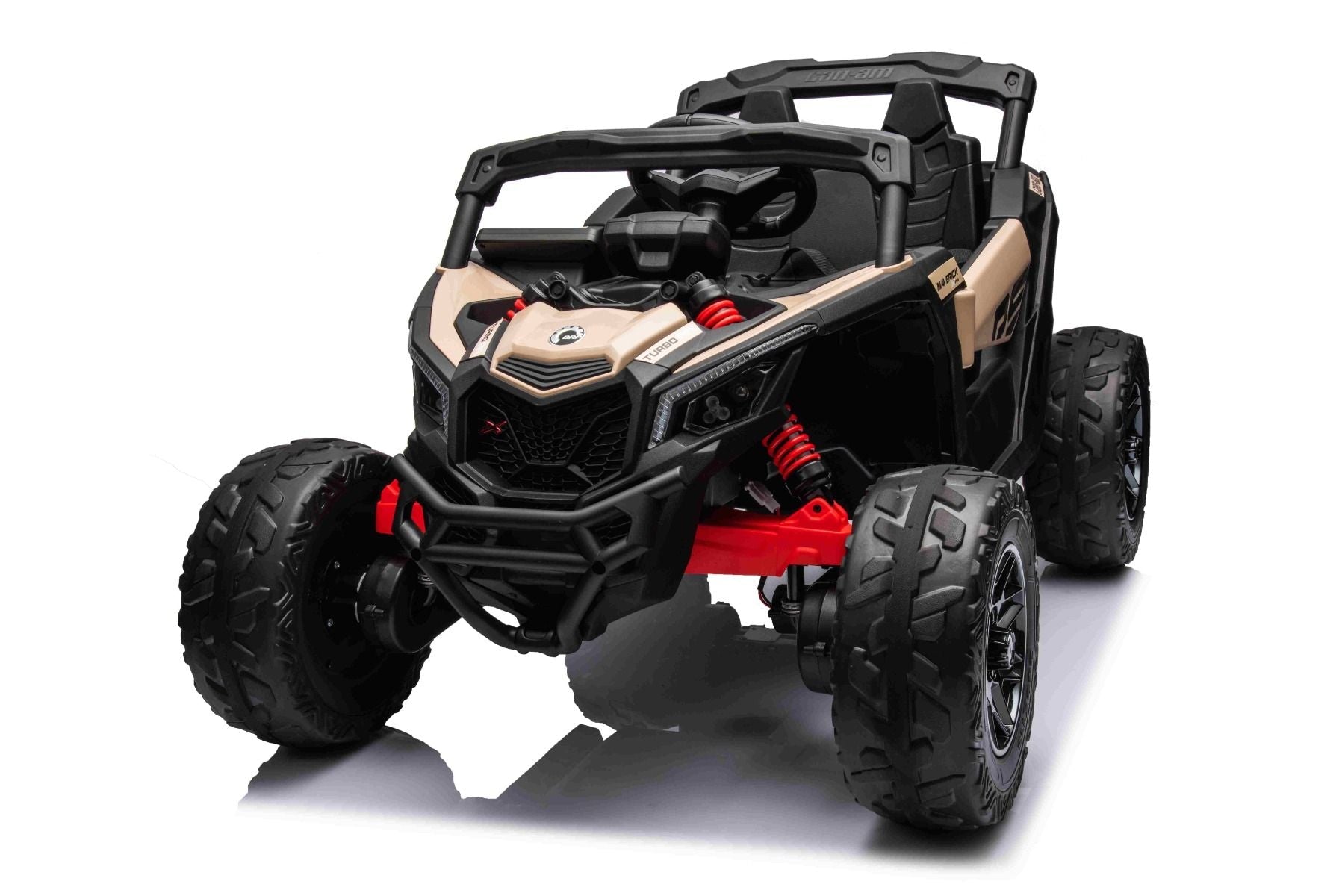 Elektro-Rutschauto Can-am Maverick Einsitzer mit 4x4-Antrieb, Schwarz, Einzelradaufhängung, 2,4-GHz-Fernbedienung, 4 x 35-W-Motoren, EVA-Räder, Ledersitz, MP3-Player mit USB/AUX-Eingang, lizenziert