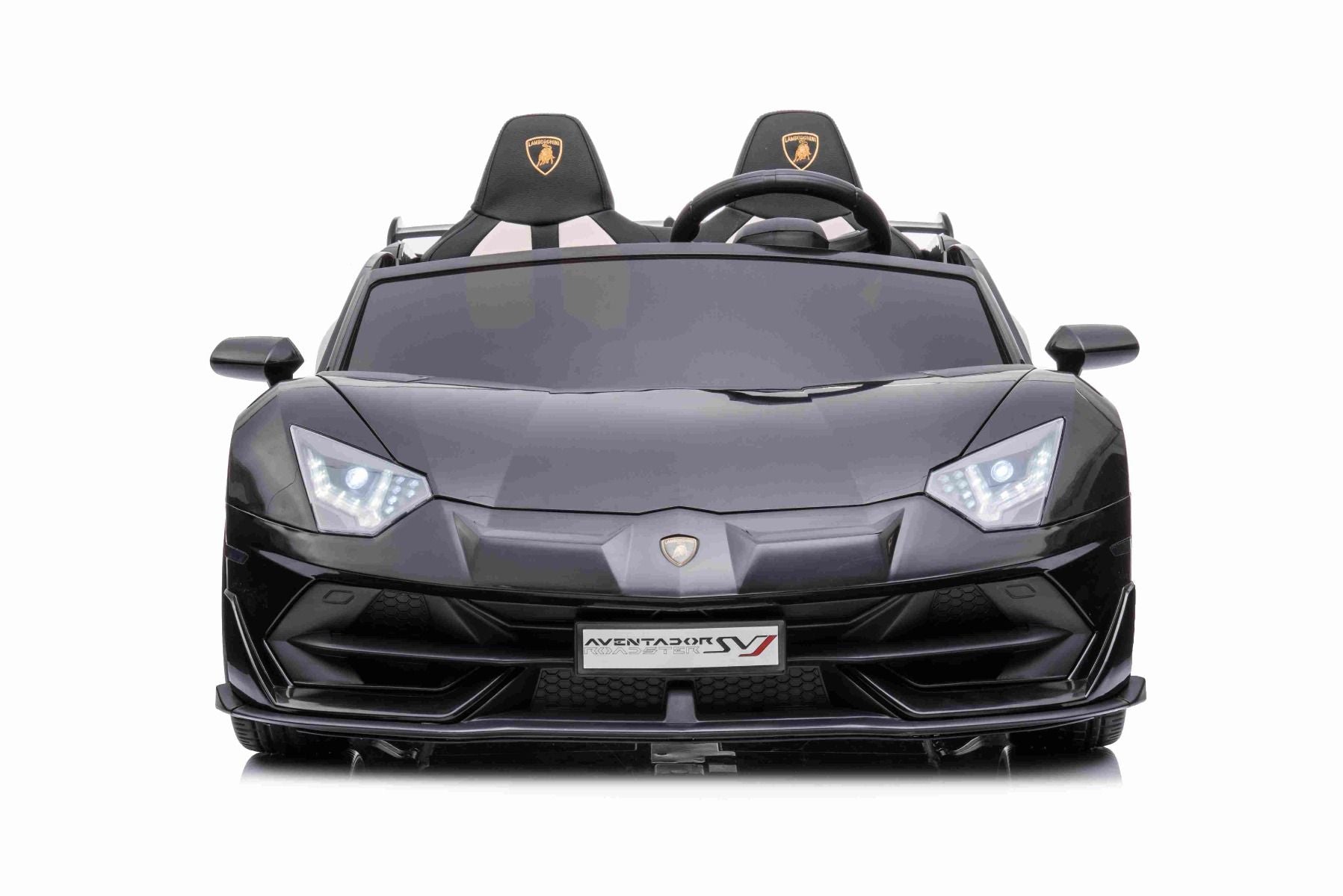 Elektroauto für Kinder Lamborghini Aventador 12V für zwei Benutzer, schwarz, vertikal öffnende Türen, 2 x 12V Motor, 12V Batterie, 2,4 GHz Fernbedienung, weiche EVA-Räder, Federung, Sanftanlauf, MP3-Player mit USB, Original lizenziert