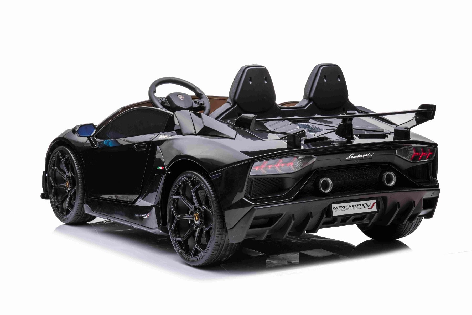 Elektroauto für Kinder Lamborghini Aventador 12V für zwei Benutzer, schwarz, vertikal öffnende Türen, 2 x 12V Motor, 12V Batterie, 2,4 GHz Fernbedienung, weiche EVA-Räder, Federung, Sanftanlauf, MP3-Player mit USB, Original lizenziert
