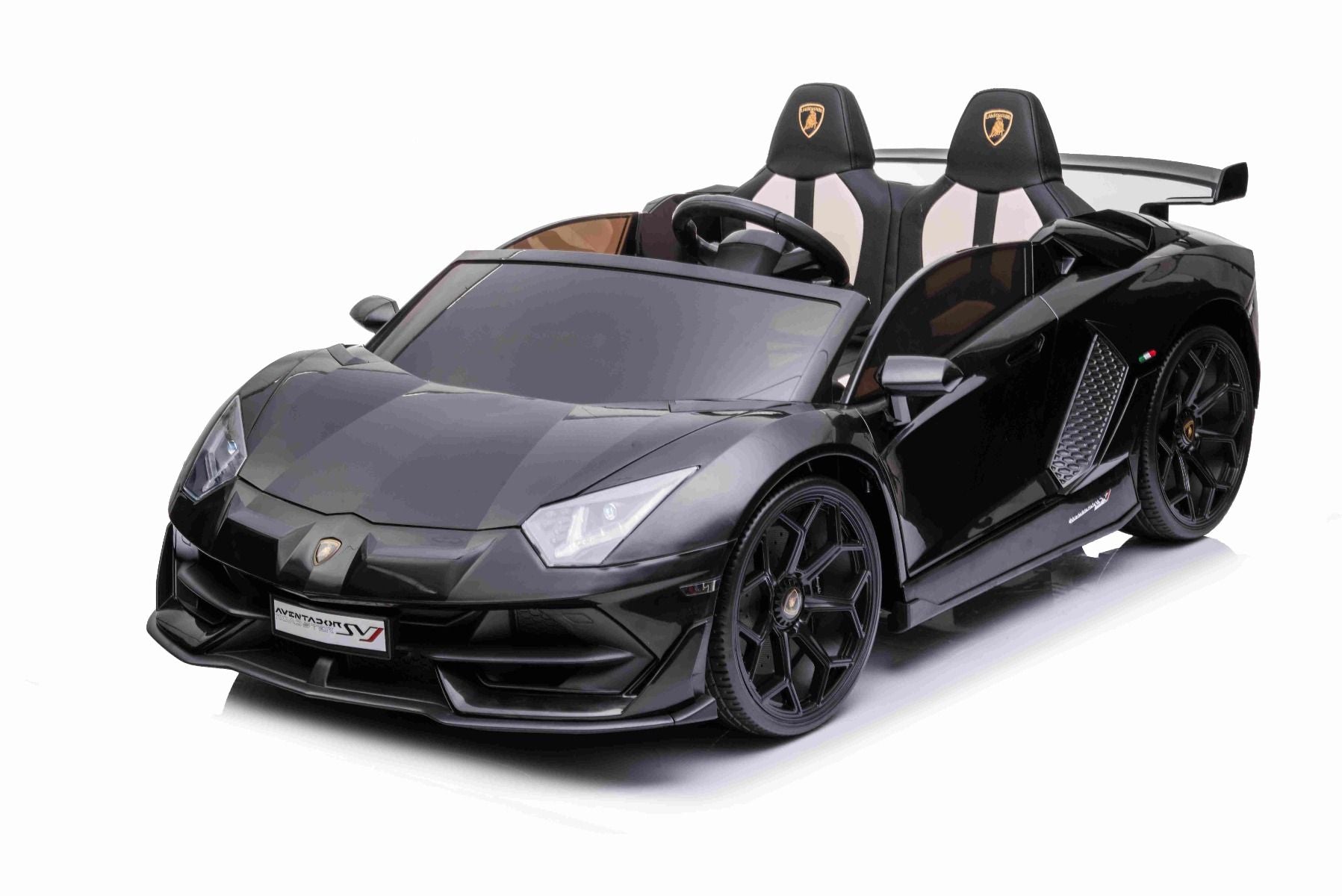 Elektroauto für Kinder Lamborghini Aventador 12V für zwei Benutzer, schwarz, vertikal öffnende Türen, 2 x 12V Motor, 12V Batterie, 2,4 GHz Fernbedienung, weiche EVA-Räder, Federung, Sanftanlauf, MP3-Player mit USB, Original lizenziert