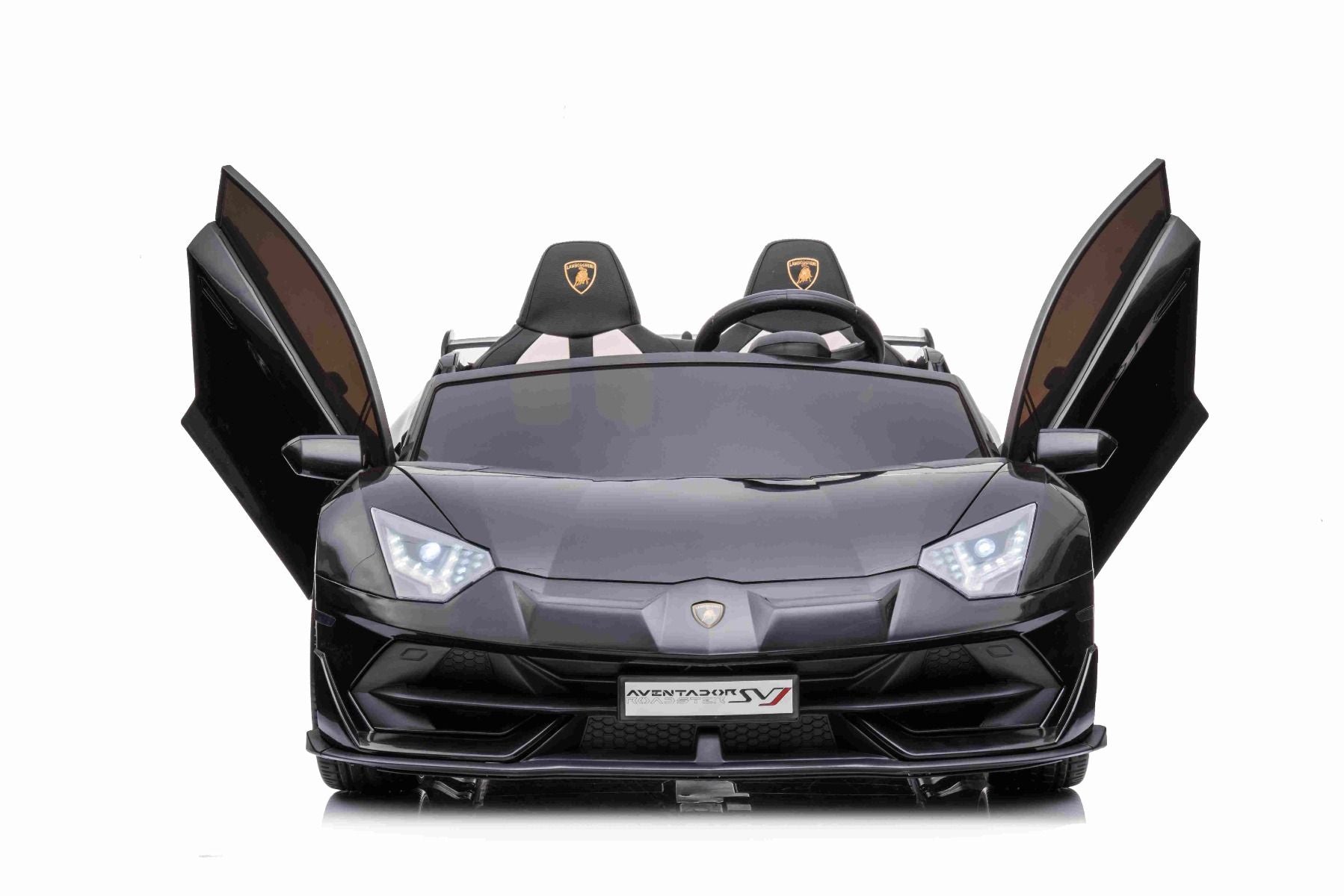 Elektroauto für Kinder Lamborghini Aventador 24V für zwei Benutzer, schwarz lackiert, MP4-Player, vertikal öffnende Türen, 2x45W Motor, 24V Batterie, 2,4 GHz Fernbedienung, weiche EVA-Räder, Federung, Sanftanlauf, originale Lizenz