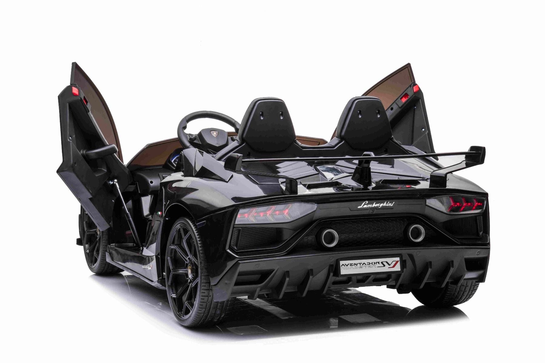 Elektroauto für Kinder Lamborghini Aventador 12V für zwei Benutzer, schwarz, vertikal öffnende Türen, 2 x 12V Motor, 12V Batterie, 2,4 GHz Fernbedienung, weiche EVA-Räder, Federung, Sanftanlauf, MP3-Player mit USB, Original lizenziert