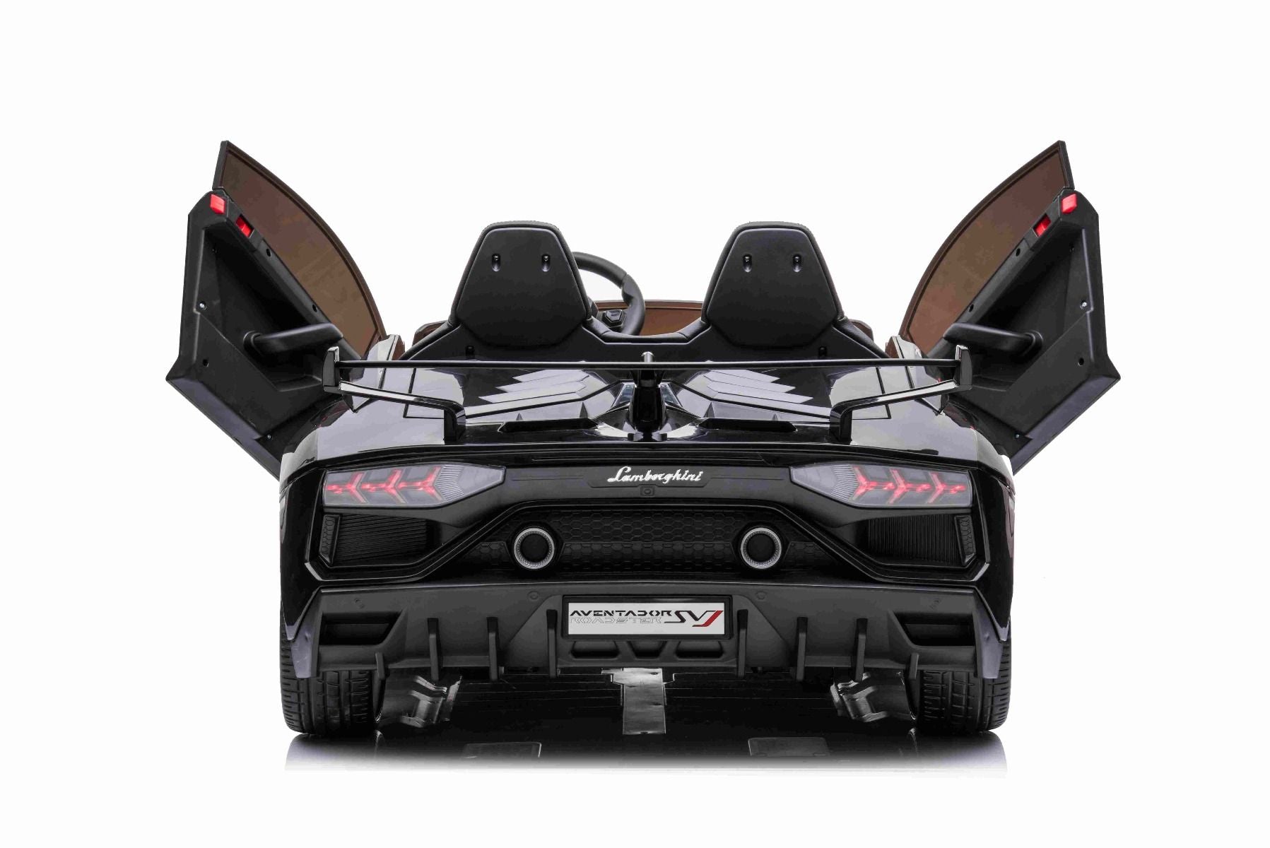 Elektroauto für Kinder Lamborghini Aventador 12V für zwei Benutzer, schwarz, vertikal öffnende Türen, 2 x 12V Motor, 12V Batterie, 2,4 GHz Fernbedienung, weiche EVA-Räder, Federung, Sanftanlauf, MP3-Player mit USB, Original lizenziert