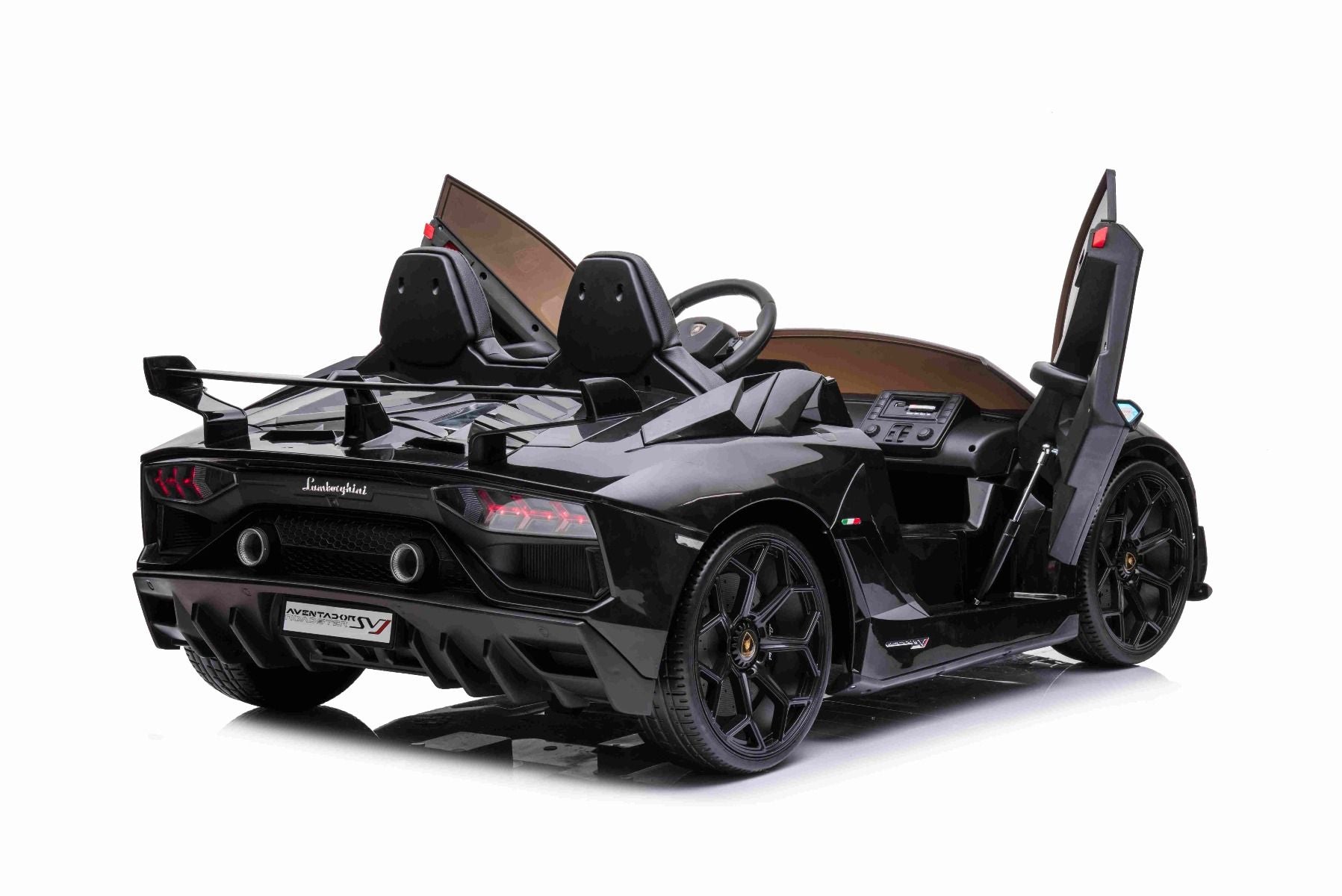 Elektroauto für Kinder Lamborghini Aventador 24V für zwei Benutzer, schwarz lackiert, MP4-Player, vertikal öffnende Türen, 2x45W Motor, 24V Batterie, 2,4 GHz Fernbedienung, weiche EVA-Räder, Federung, Sanftanlauf, originale Lizenz