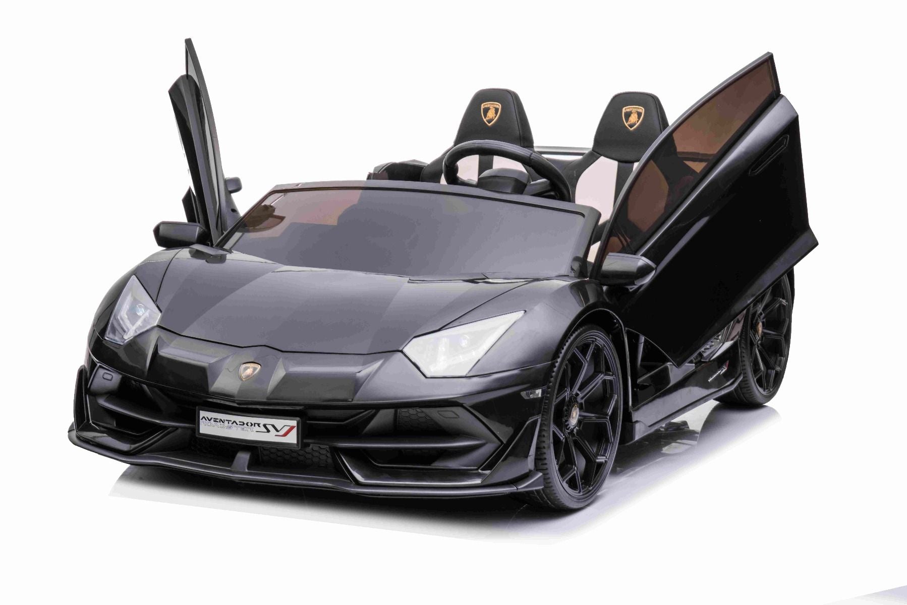 Elektroauto für Kinder Lamborghini Aventador 12V für zwei Benutzer, schwarz, vertikal öffnende Türen, 2 x 12V Motor, 12V Batterie, 2,4 GHz Fernbedienung, weiche EVA-Räder, Federung, Sanftanlauf, MP3-Player mit USB, Original lizenziert