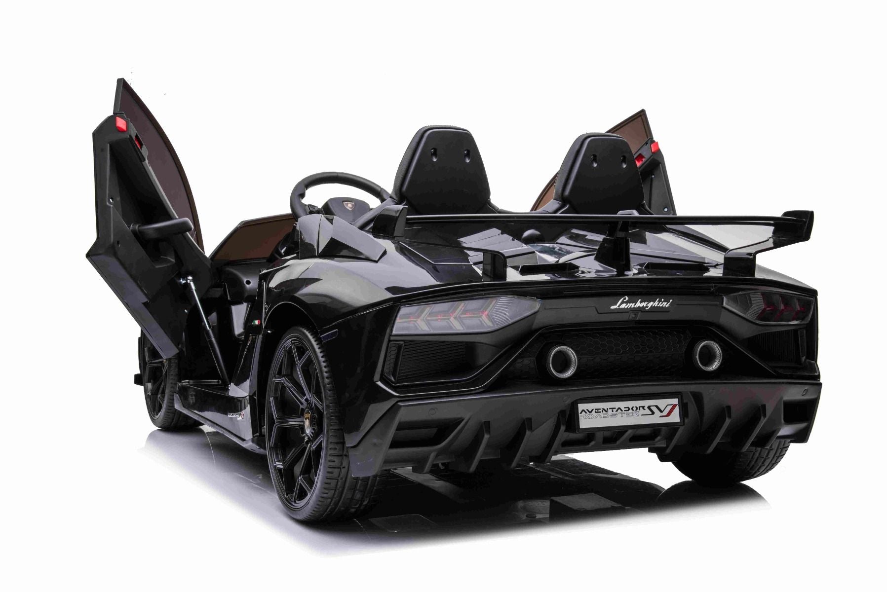 Elektroauto für Kinder Lamborghini Aventador 12V für zwei Benutzer, schwarz, vertikal öffnende Türen, 2 x 12V Motor, 12V Batterie, 2,4 GHz Fernbedienung, weiche EVA-Räder, Federung, Sanftanlauf, MP3-Player mit USB, Original lizenziert