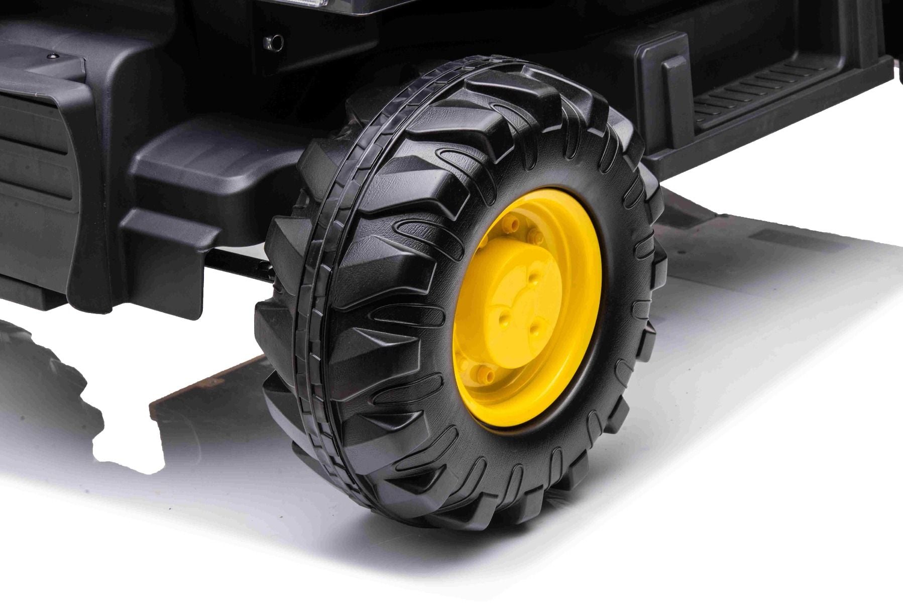 Elektrischer Bagger für Kinder Volvo Excavator 12V mit Baggerschaufel vorne, Einsitzer, gelb, weicher Kunstledersitz, MP3-Player mit USB/TF/AUX-Eingang, Heckantrieb, 2 x 35W Motor, EVA-Räder, 12V/14Ah Akku, lizenziert