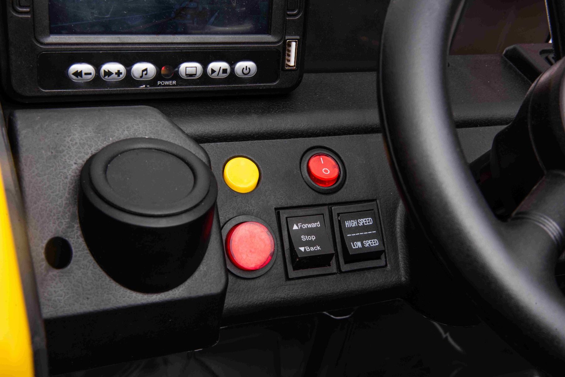 Elektrischer Bagger für Kinder Volvo Excavator 12V mit Baggerschaufel vorne, Einsitzer, gelb, weicher Kunstledersitz, MP3-Player mit USB/TF/AUX-Eingang, Heckantrieb, 2 x 35W Motor, EVA-Räder, 12V/14Ah Akku, lizenziert