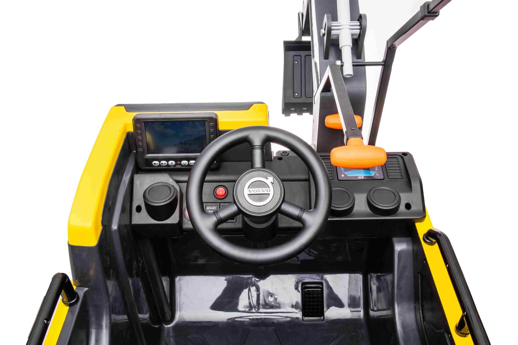 Elektrischer Bagger für Kinder Volvo Excavator 12V mit Baggerschaufel vorne, Einsitzer, gelb, weicher Kunstledersitz, MP3-Player mit USB/TF/AUX-Eingang, Heckantrieb, 2 x 35W Motor, EVA-Räder, 12V/14Ah Akku, lizenziert