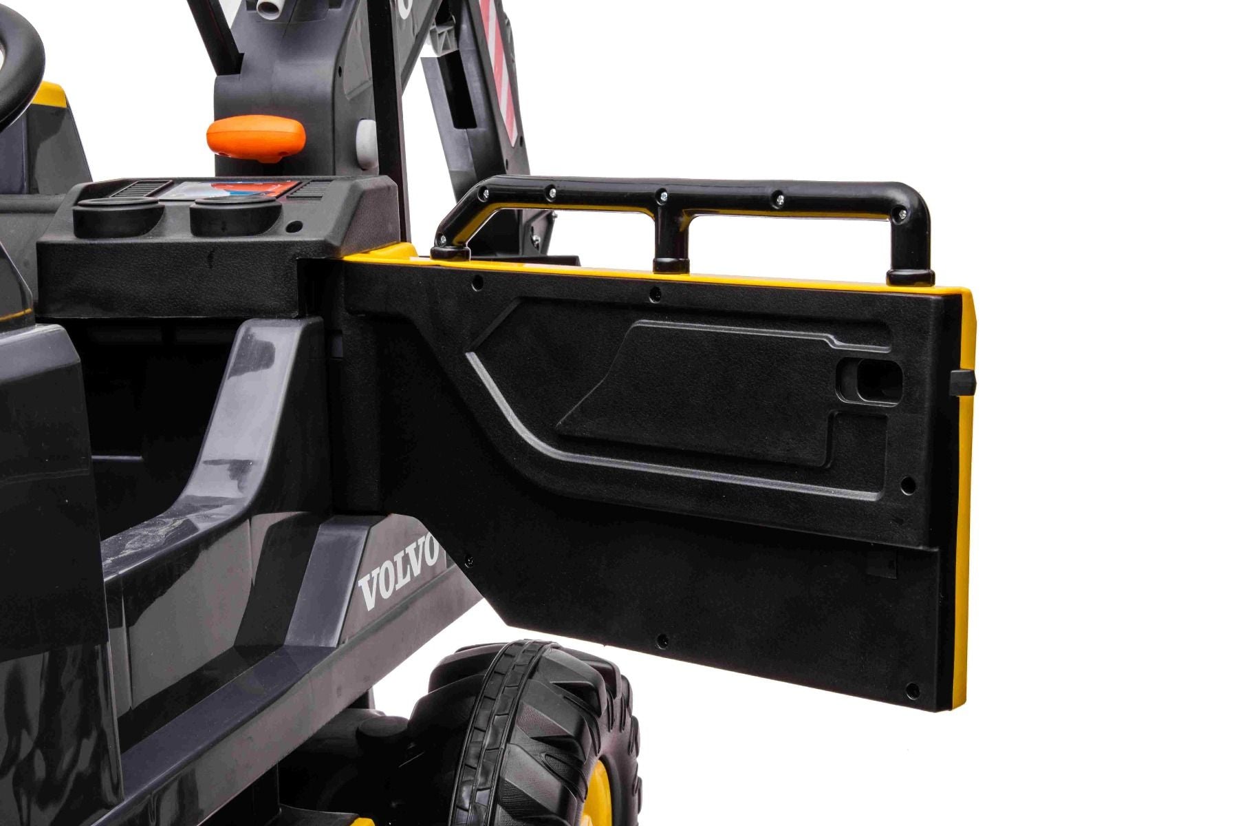 Elektrischer Bagger für Kinder Volvo Excavator 12V mit Baggerschaufel vorne, Einsitzer, gelb, weicher Kunstledersitz, MP3-Player mit USB/TF/AUX-Eingang, Heckantrieb, 2 x 35W Motor, EVA-Räder, 12V/14Ah Akku, lizenziert