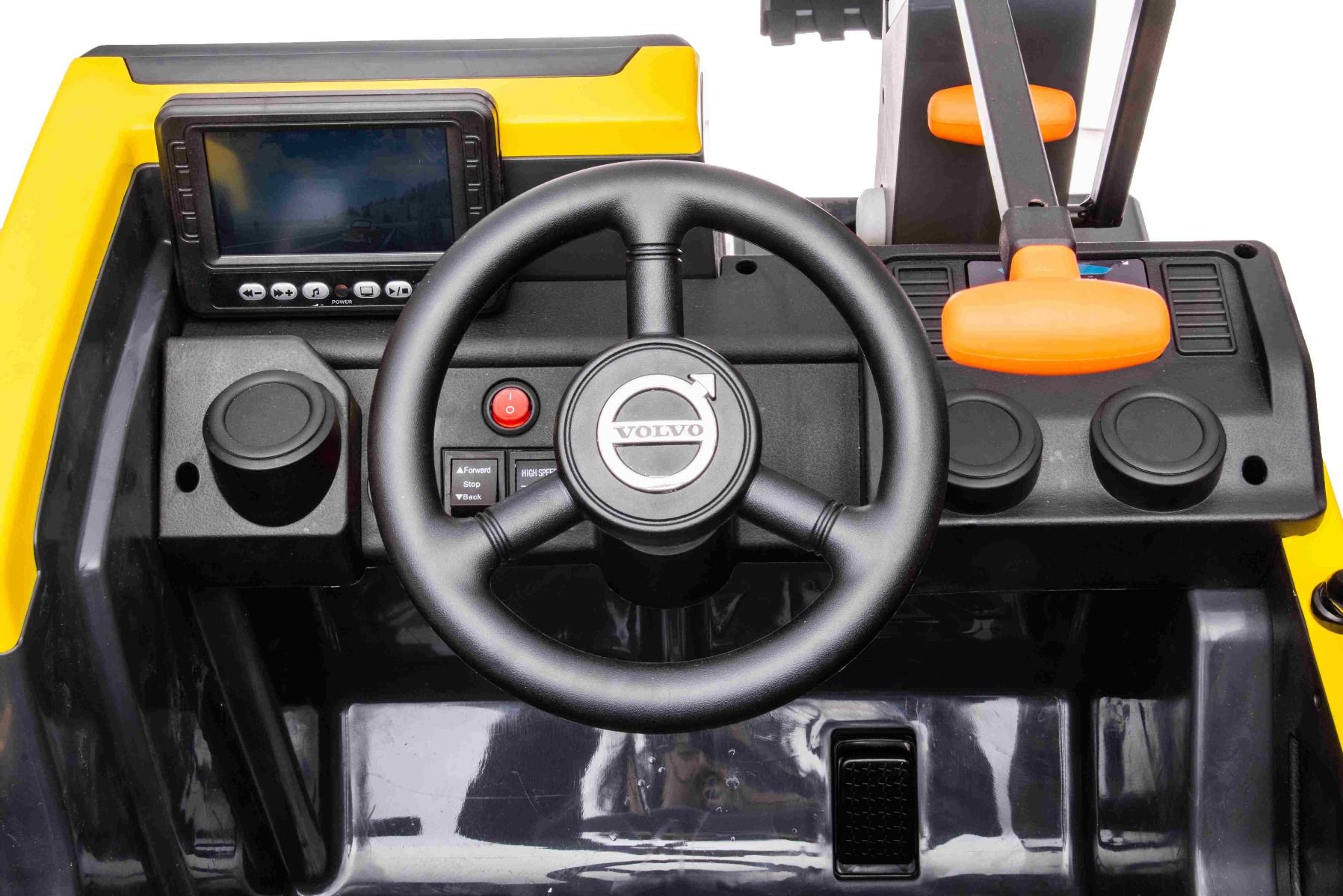 Elektrischer Bagger für Kinder Volvo Excavator 12V mit Baggerschaufel vorne, Einsitzer, gelb, weicher Kunstledersitz, MP3-Player mit USB/TF/AUX-Eingang, Heckantrieb, 2 x 35W Motor, EVA-Räder, 12V/14Ah Akku, lizenziert